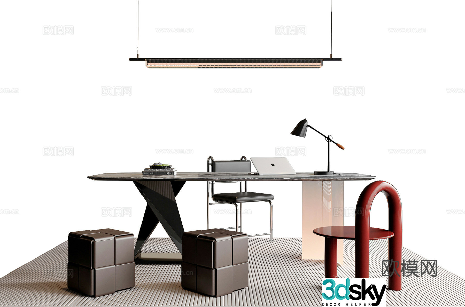 Modern Italian desk and chair combination single chair book chair chandelier desk ornament 3D model
