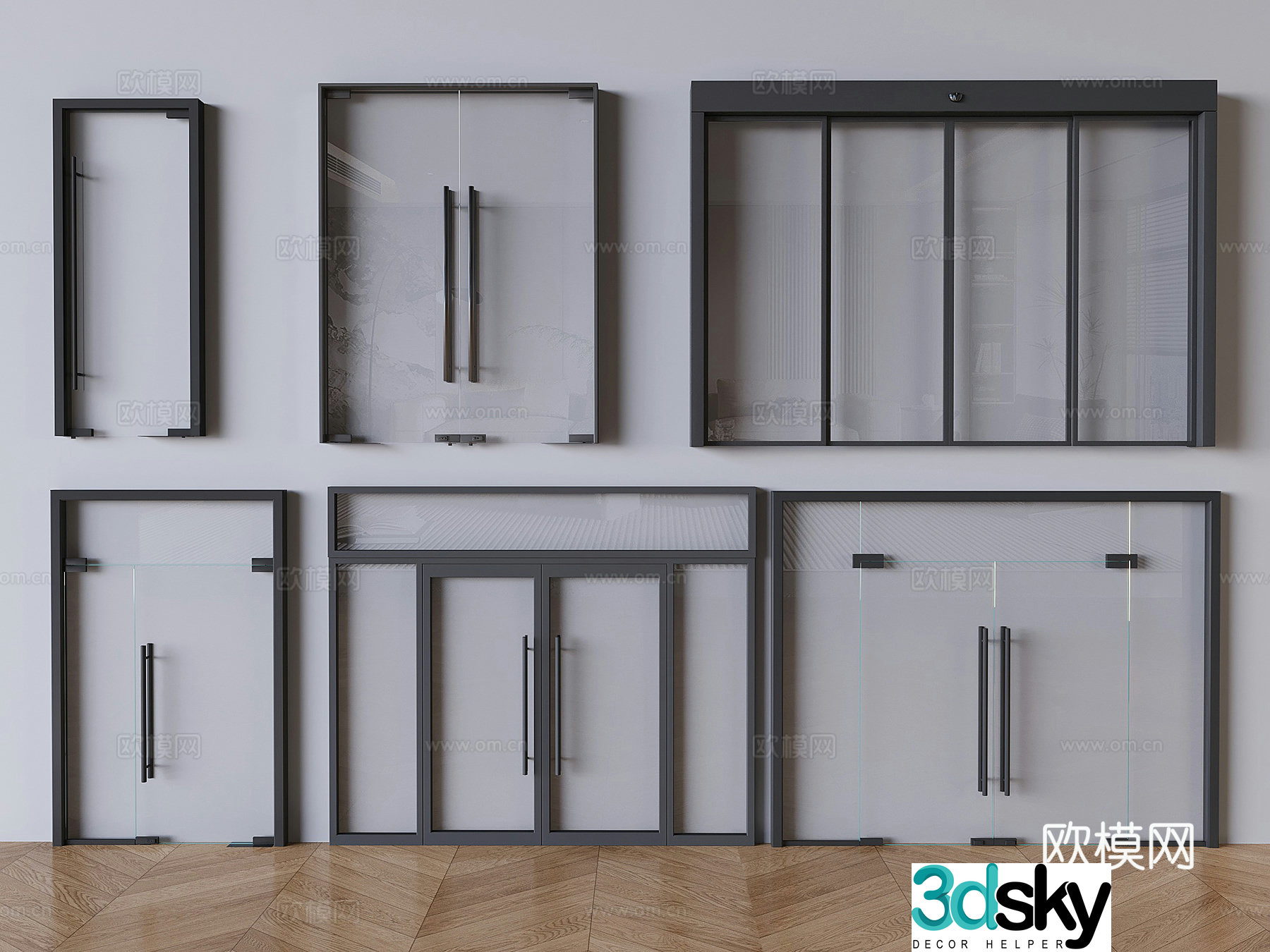 Store glass flat door coffee shop milk tea double door office glass double door 3D model