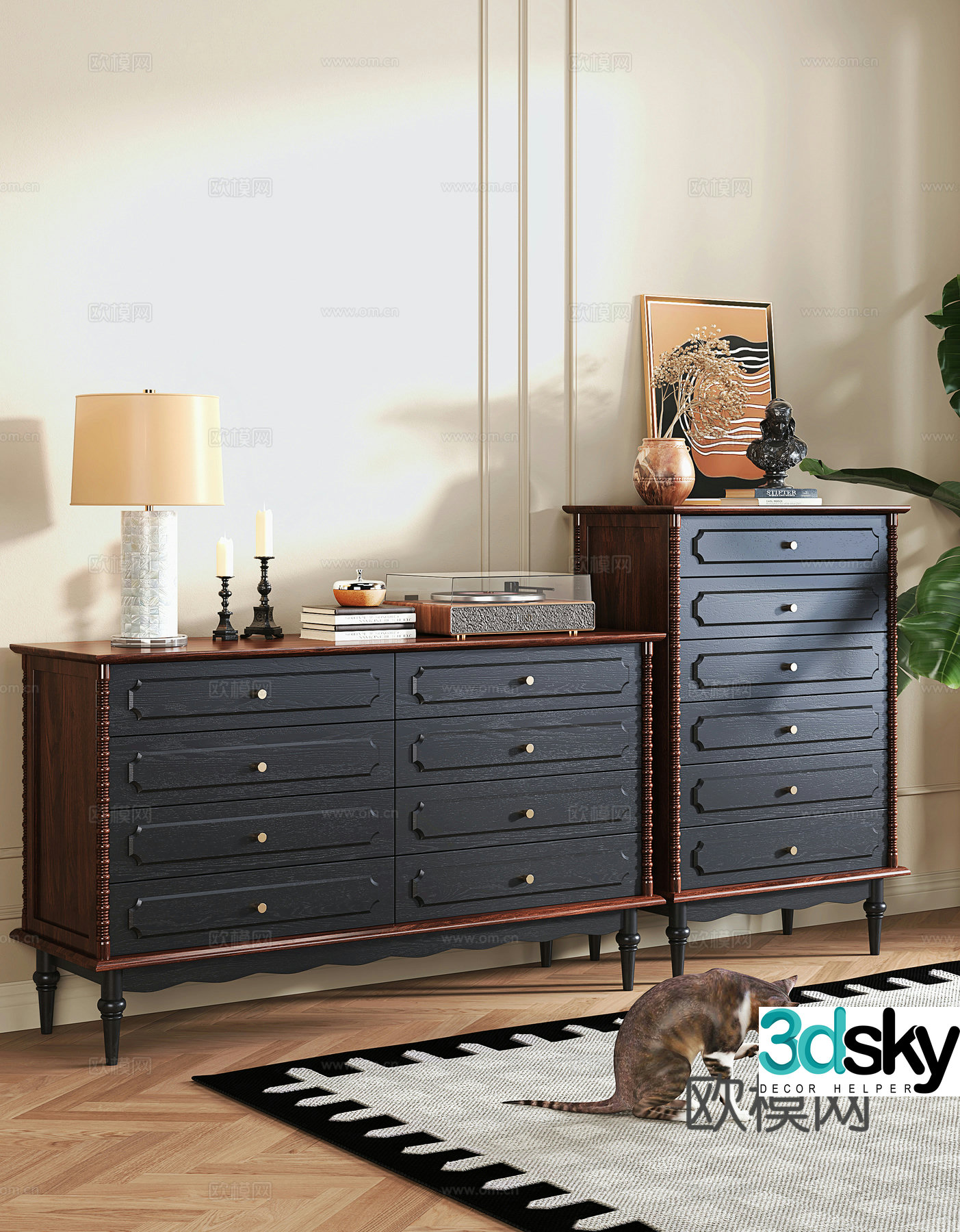 French medieval style porch side cabinet chest of drawers desk lamps decorative paintings potted green plants 3D model