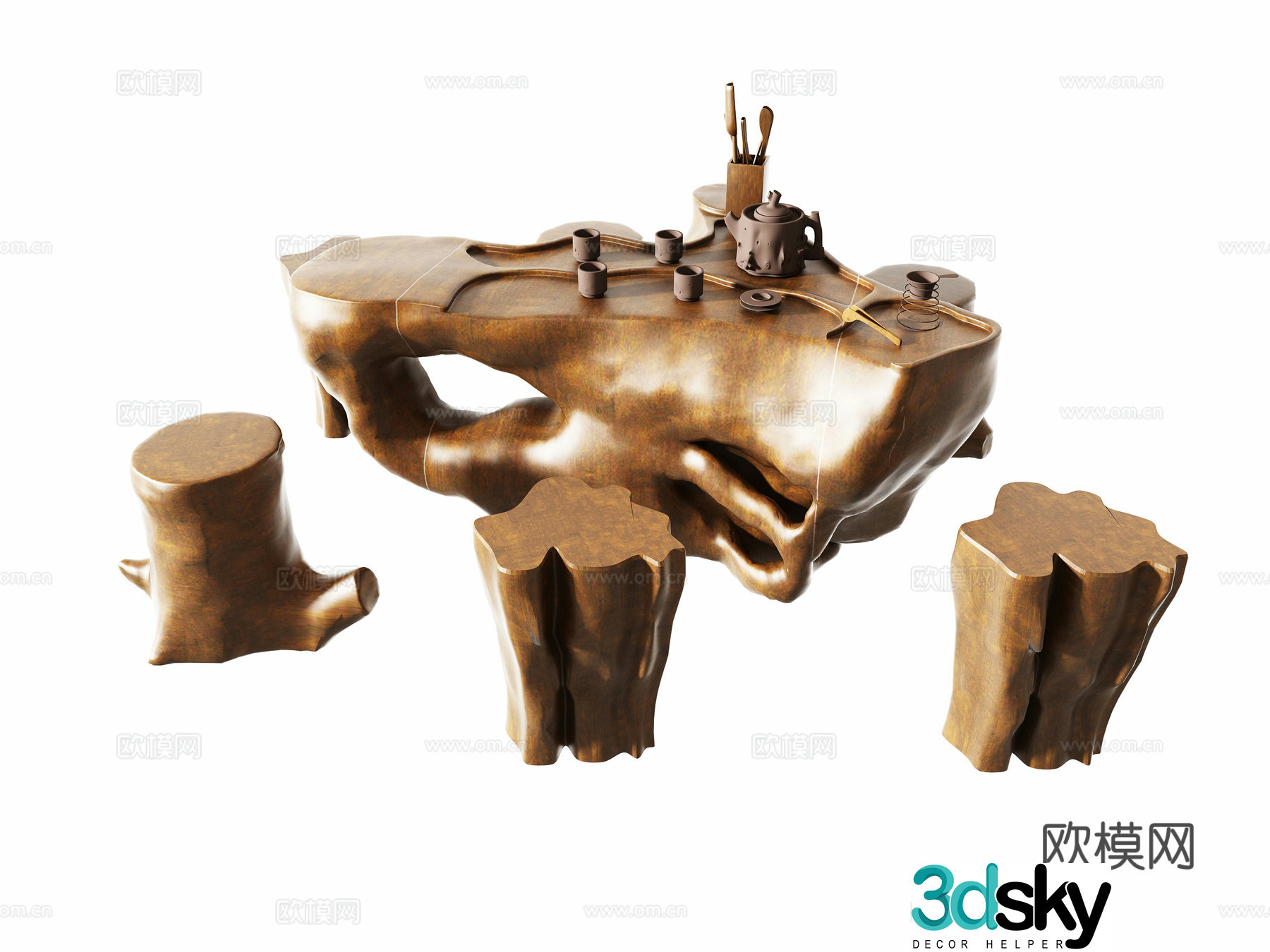 Chinese tea table and tea table and chair combination 3D model