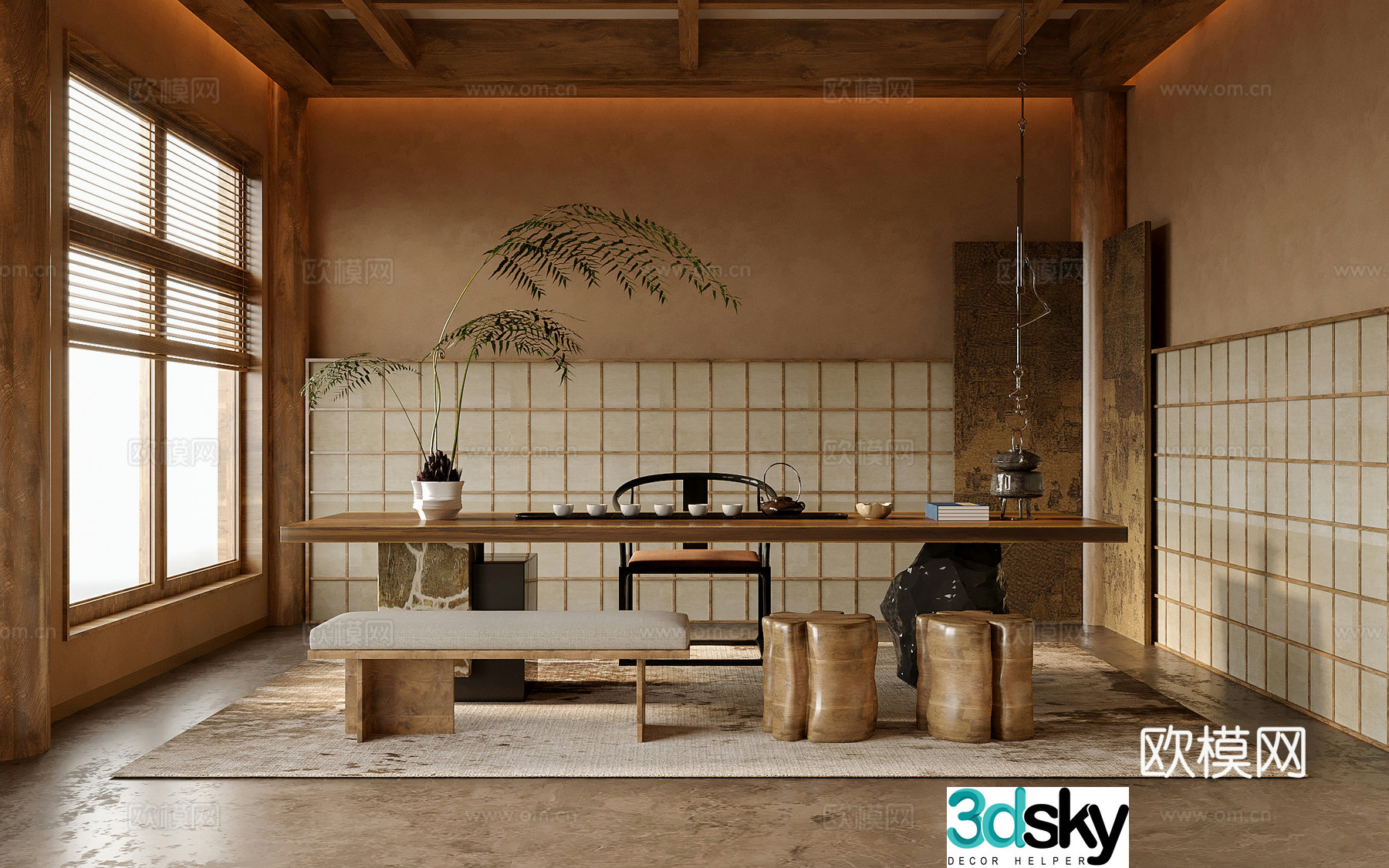 Chinese tea room tea table and chair bench stool tea set 3d model