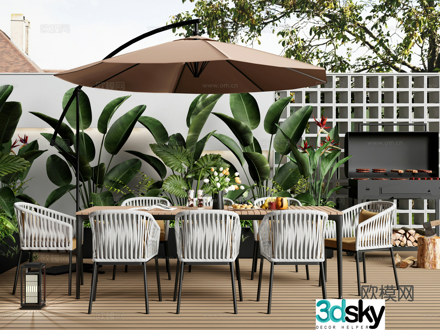 Modern outdoor table and chairs courtyard leisure table and chairs outdoor dining table and chairs plant combination barbecue grill 3d model