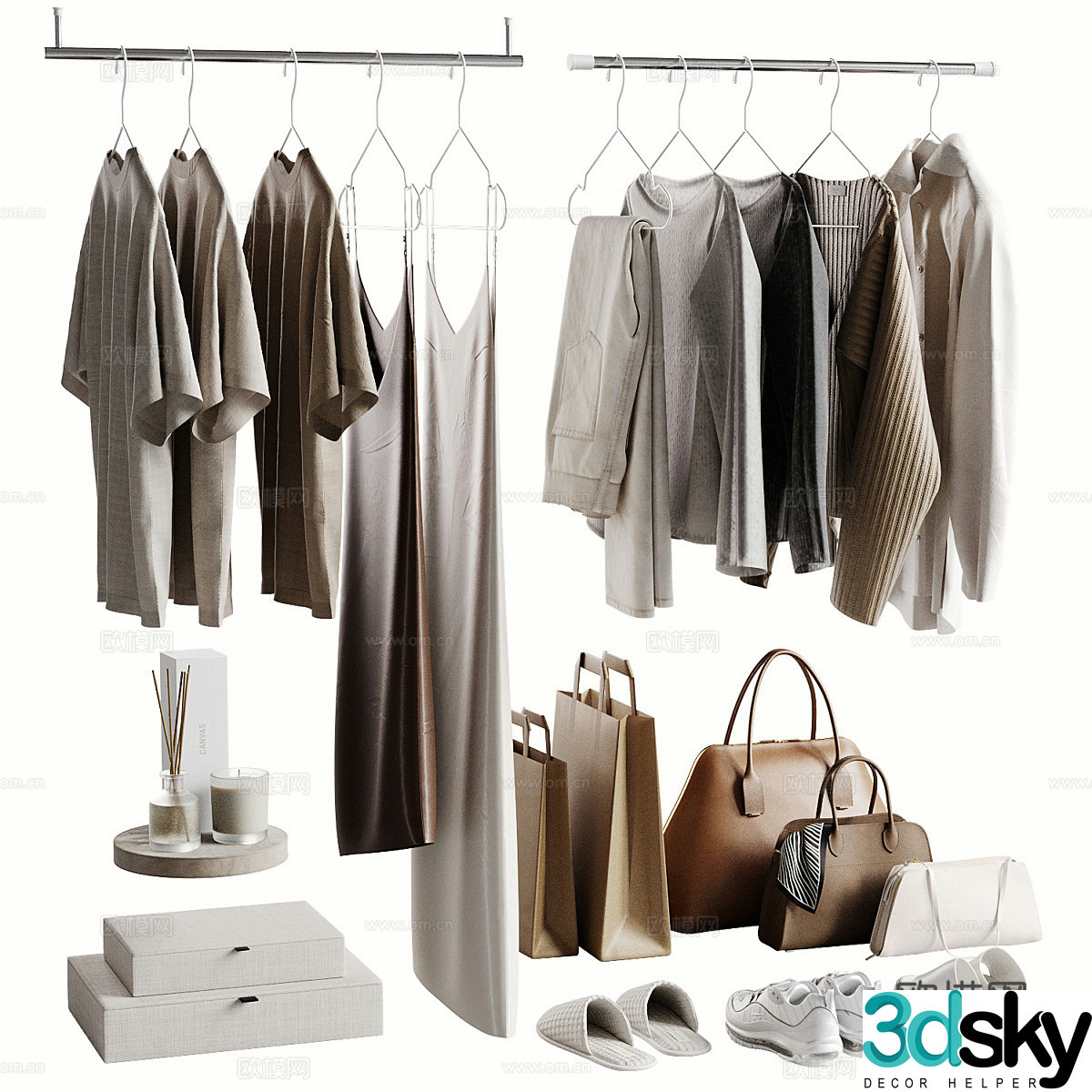 Modern cream style clothing shoes and hat set 3d model