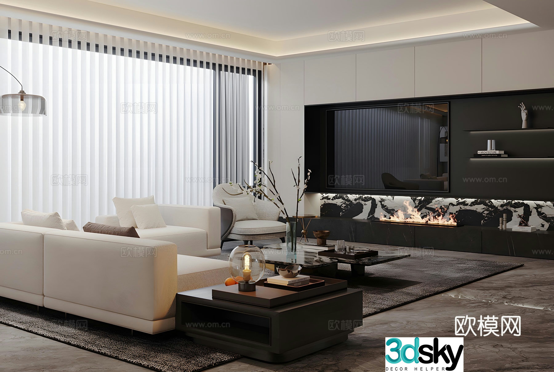 Light luxury Italian home living room high-end gray living room sofa and coffee table combination marble TV background wall 3D model