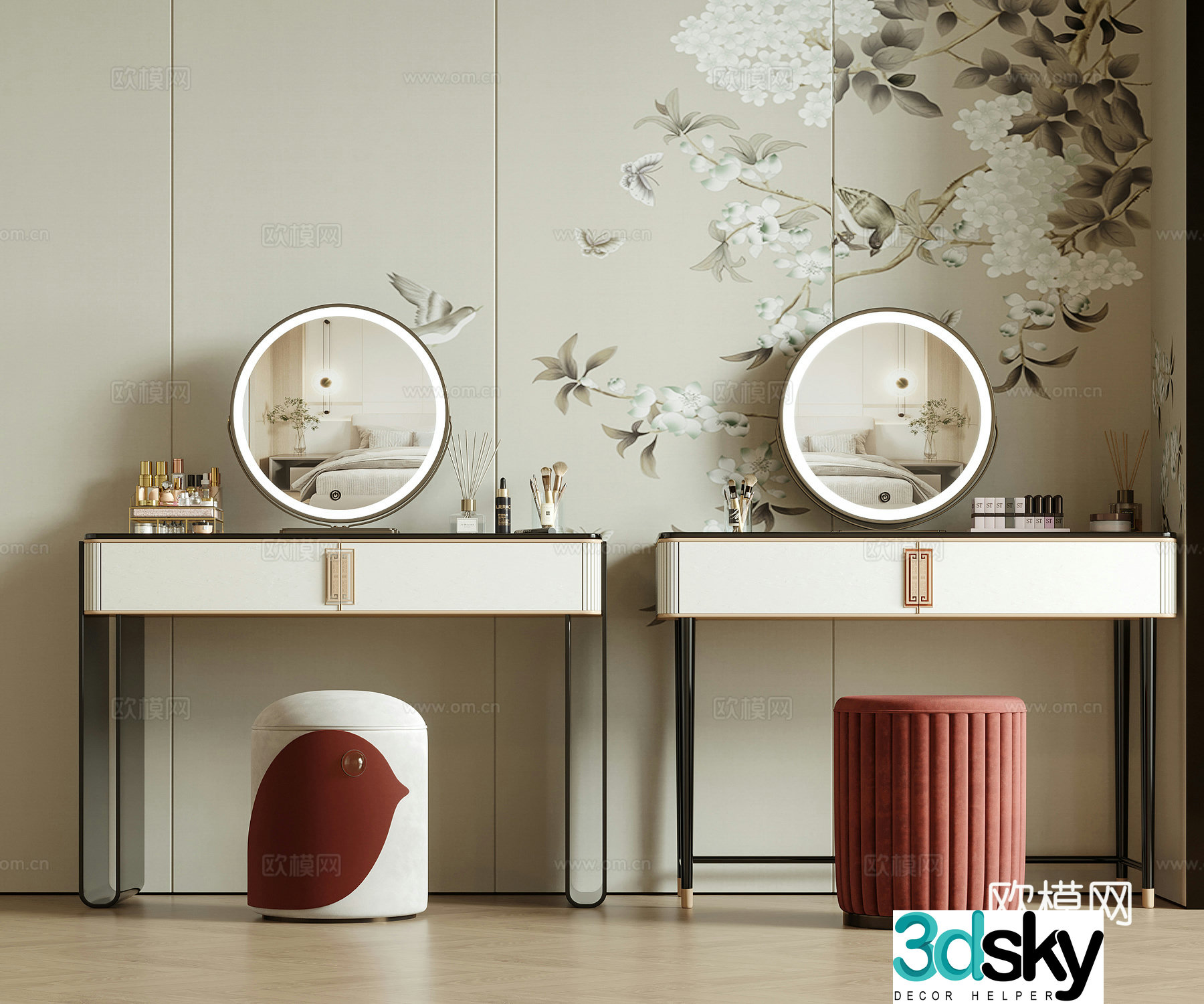 New Chinese dressing table dressing stool 3D model