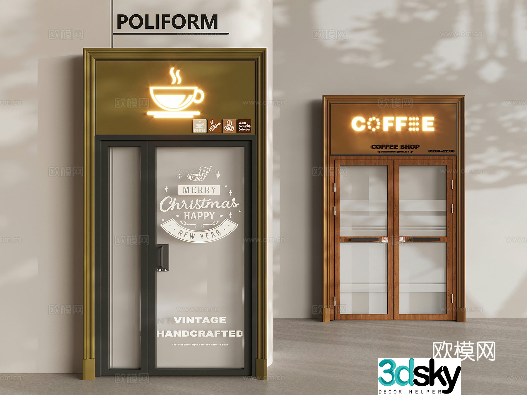 Coffee shop glass side door medieval style coffee shop double door 3D model