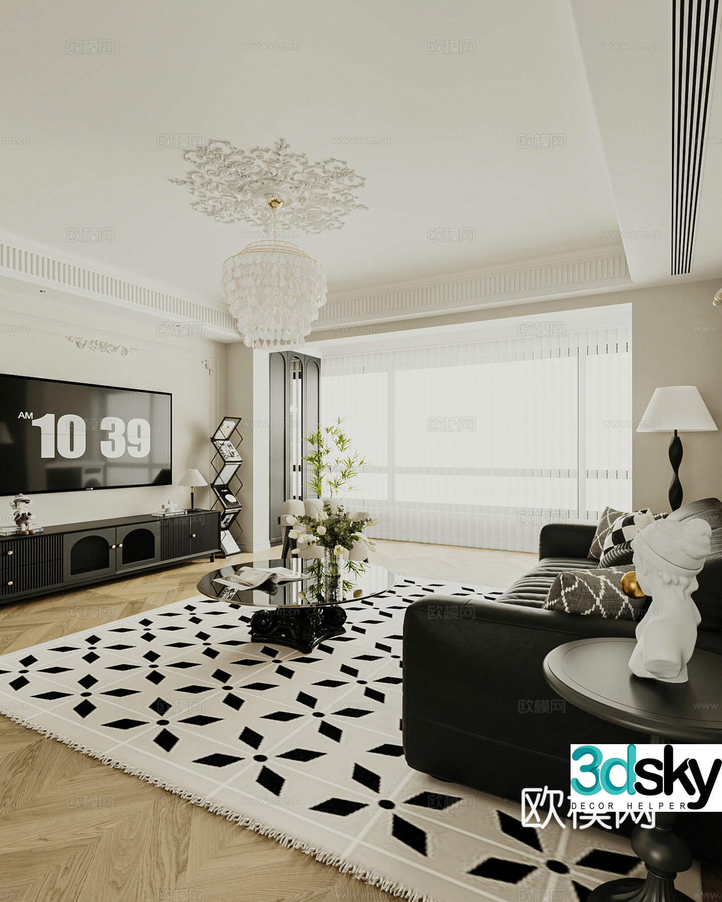 French cream home living room large flat living room vertical hall gypsum line PU model 3D model