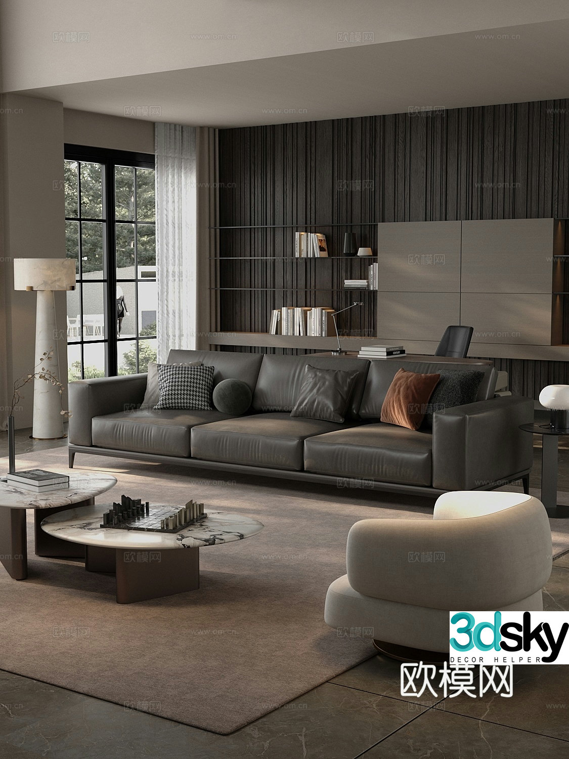 Modern home living room horizontal living room design large living room office desk chair combination 3D model