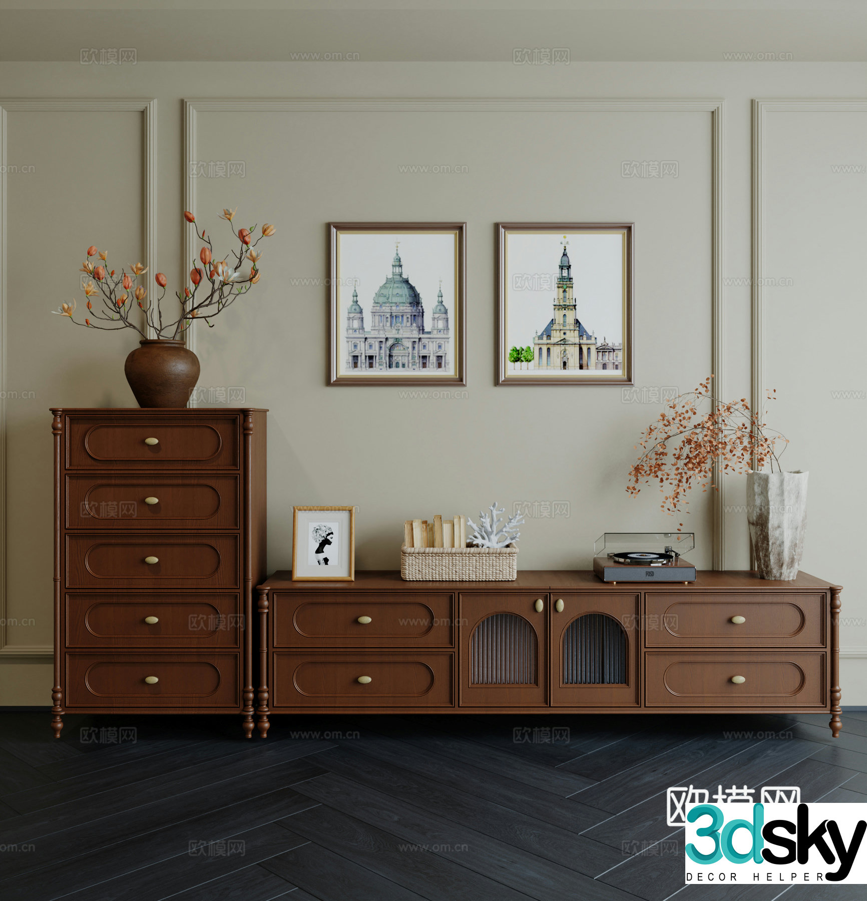 American TV cabinet American chest of drawers vases and floral ornaments accessories 3d model