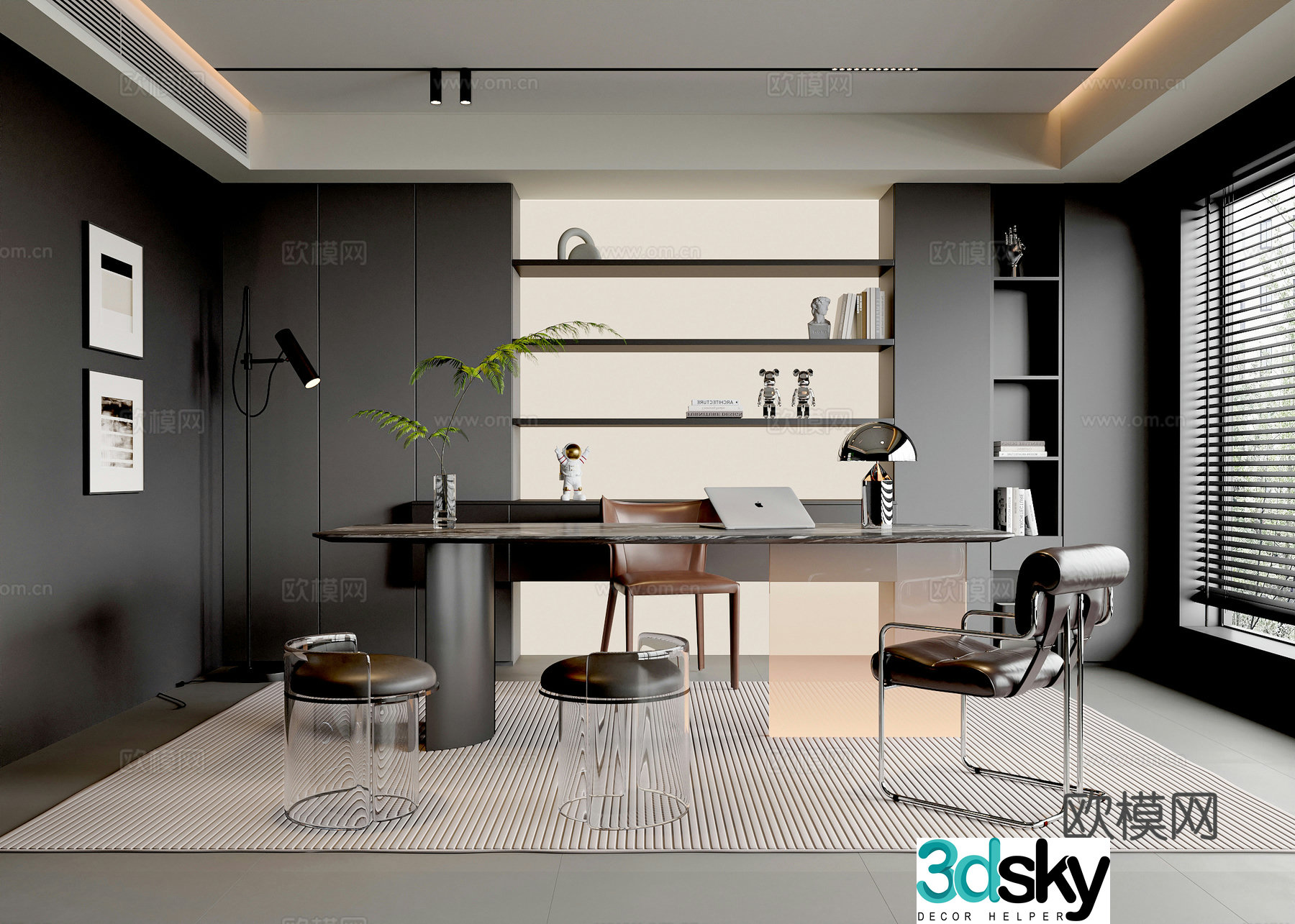 Modern Italian study desk and chair combination single chair book chair chandelier bookcase 3d model