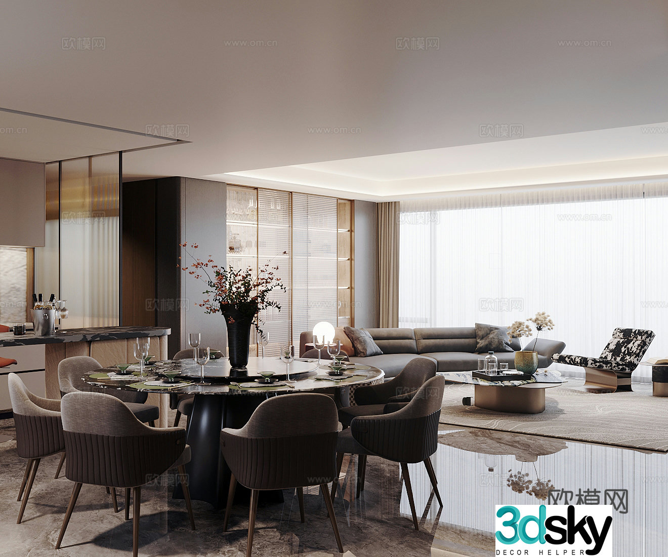 Light luxury Italian home living and dining room homeless lights modern living and dining room horizontal living and dining room 3D model