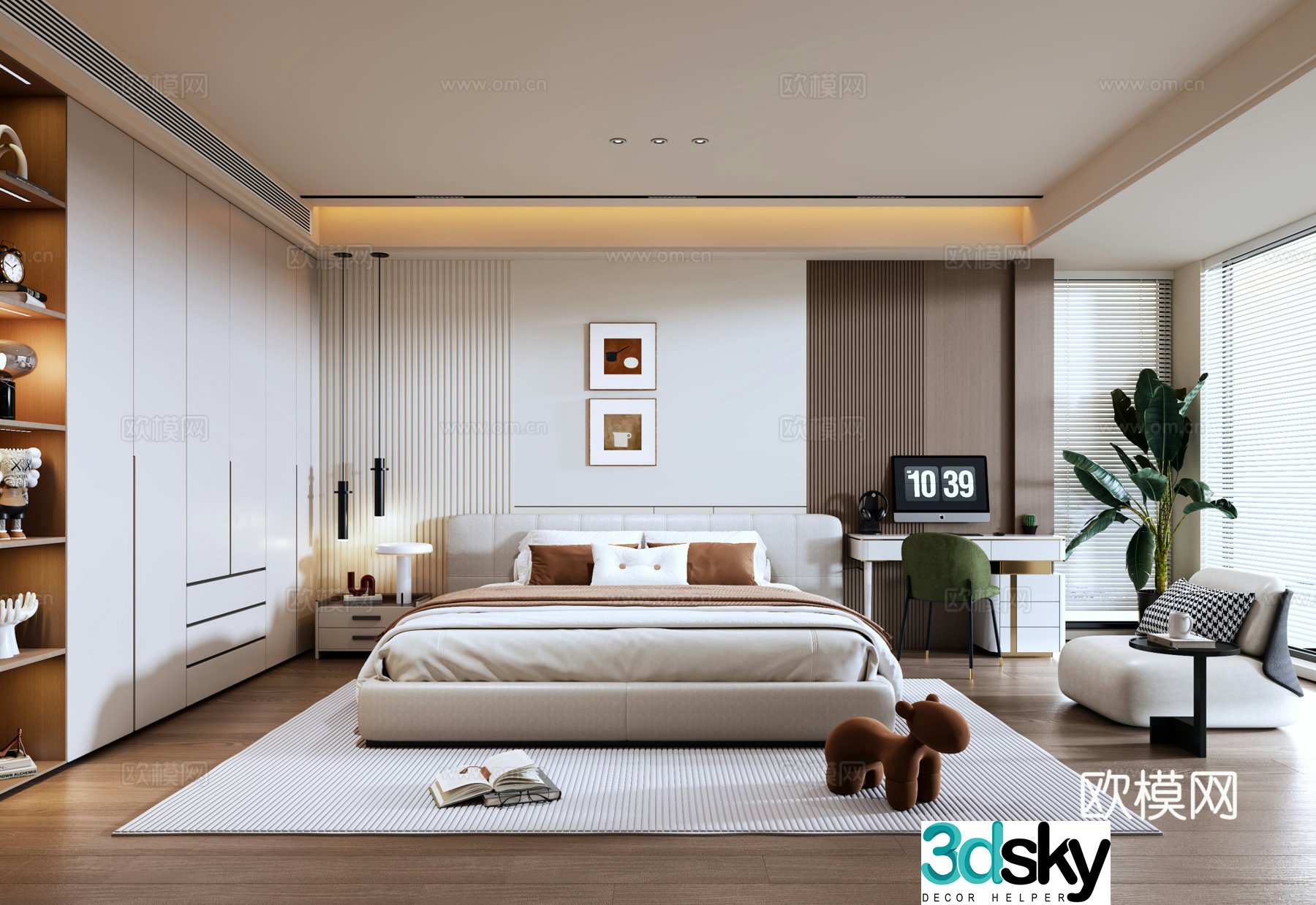 Modern minimalist Italian bedroom wardrobe desk and chair lazy sofa double decorative painting back 3d model