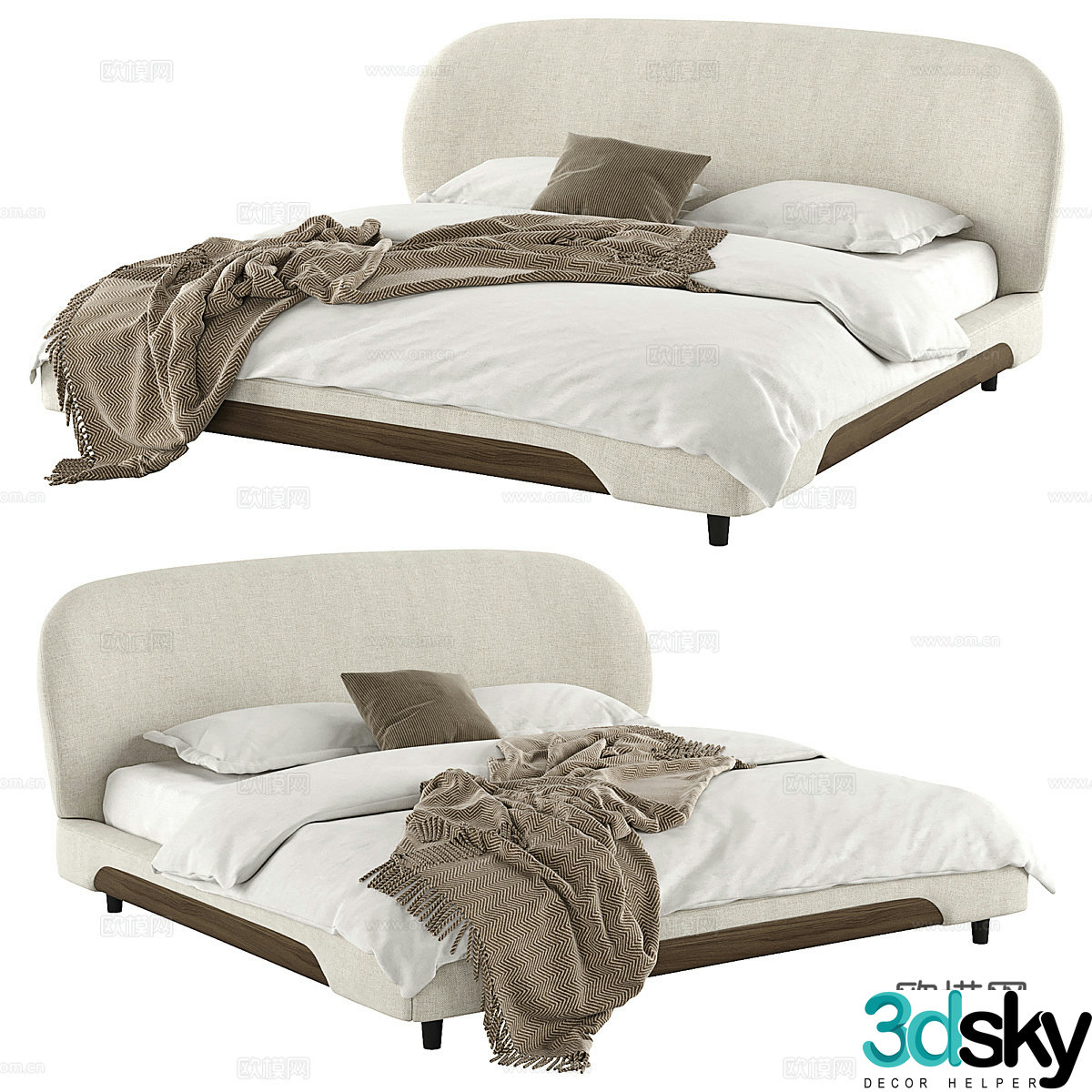 New Chinese style log style fabric double bed 3D model