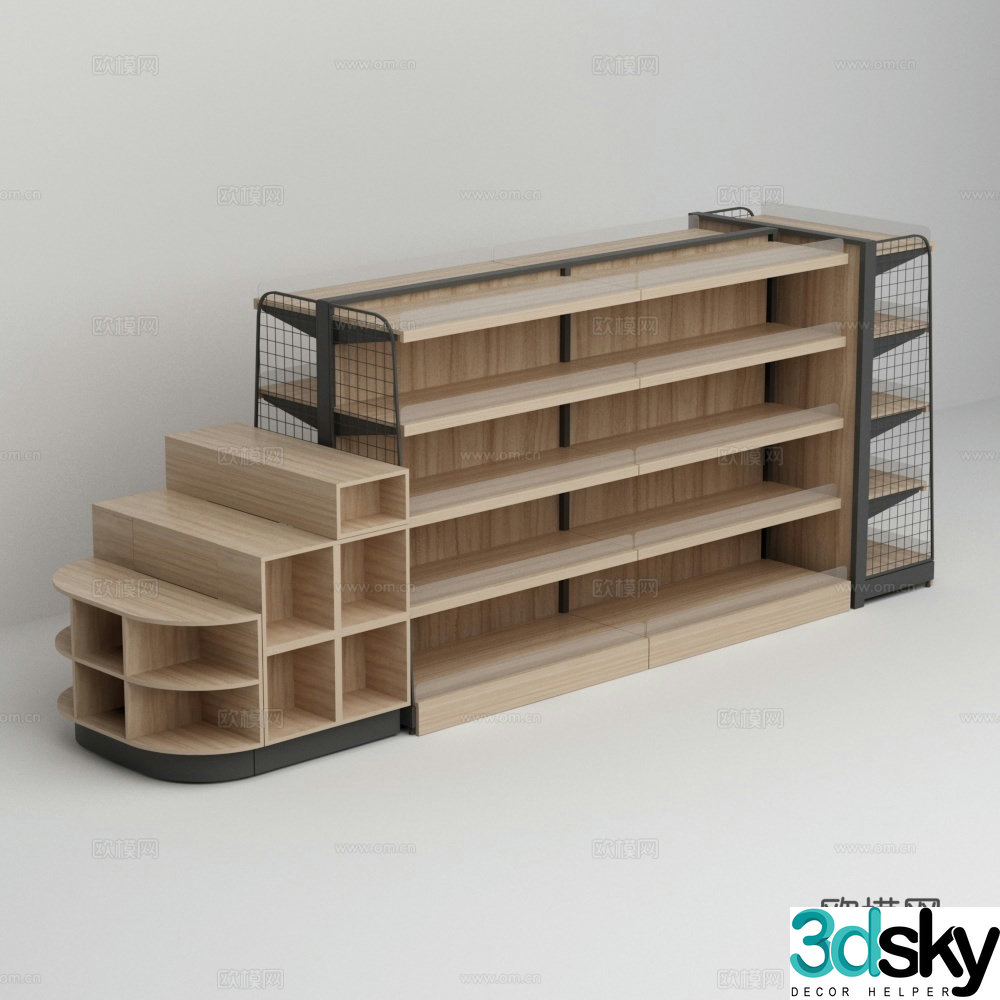 Supermarket convenience store steel and wood structure shelf display rack 3D model