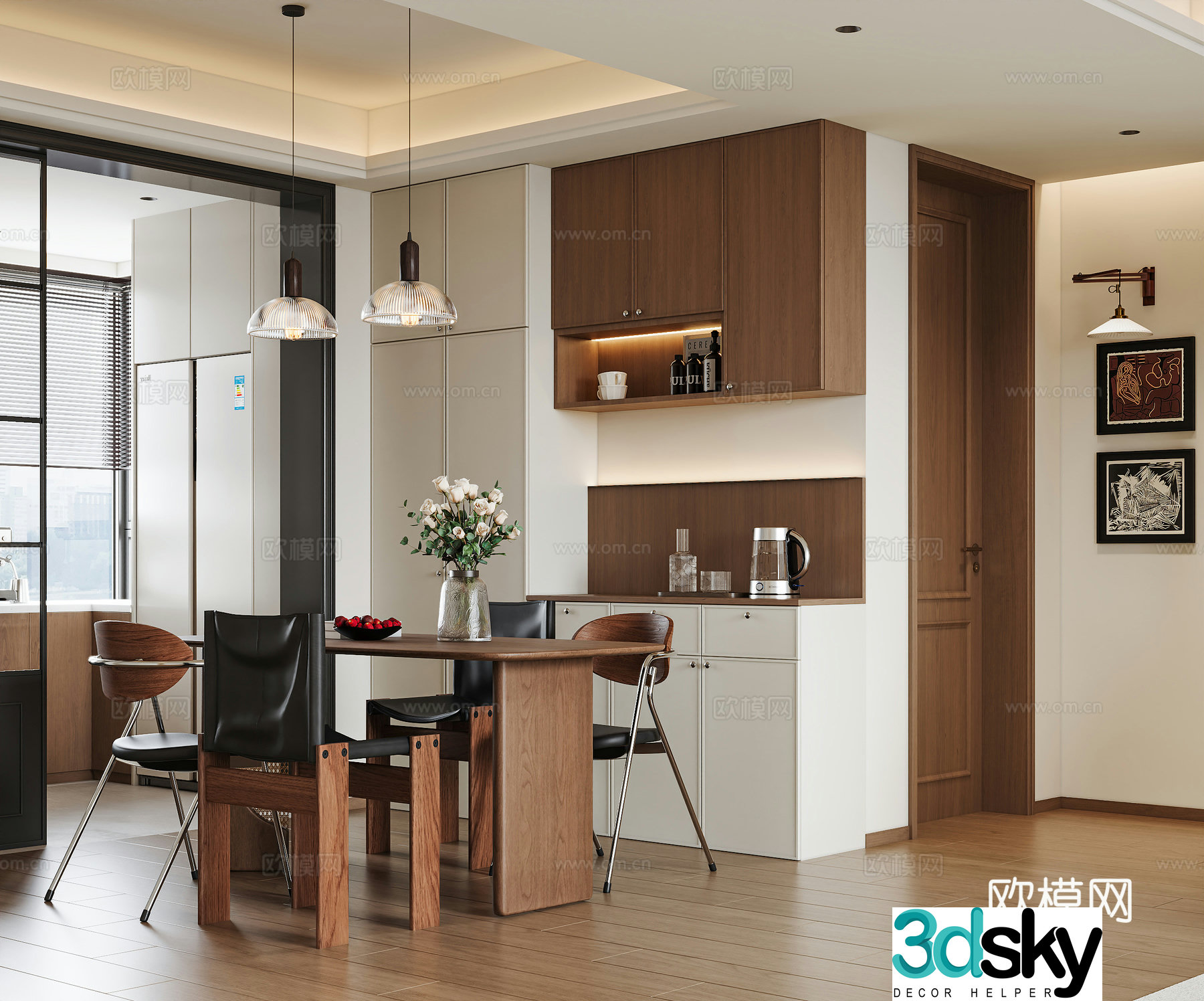Middle-aged restaurant Middle-aged dining table and chair Middle-aged restaurant chandeliers Middle-aged dining sideboard Middle-aged painting 3D model