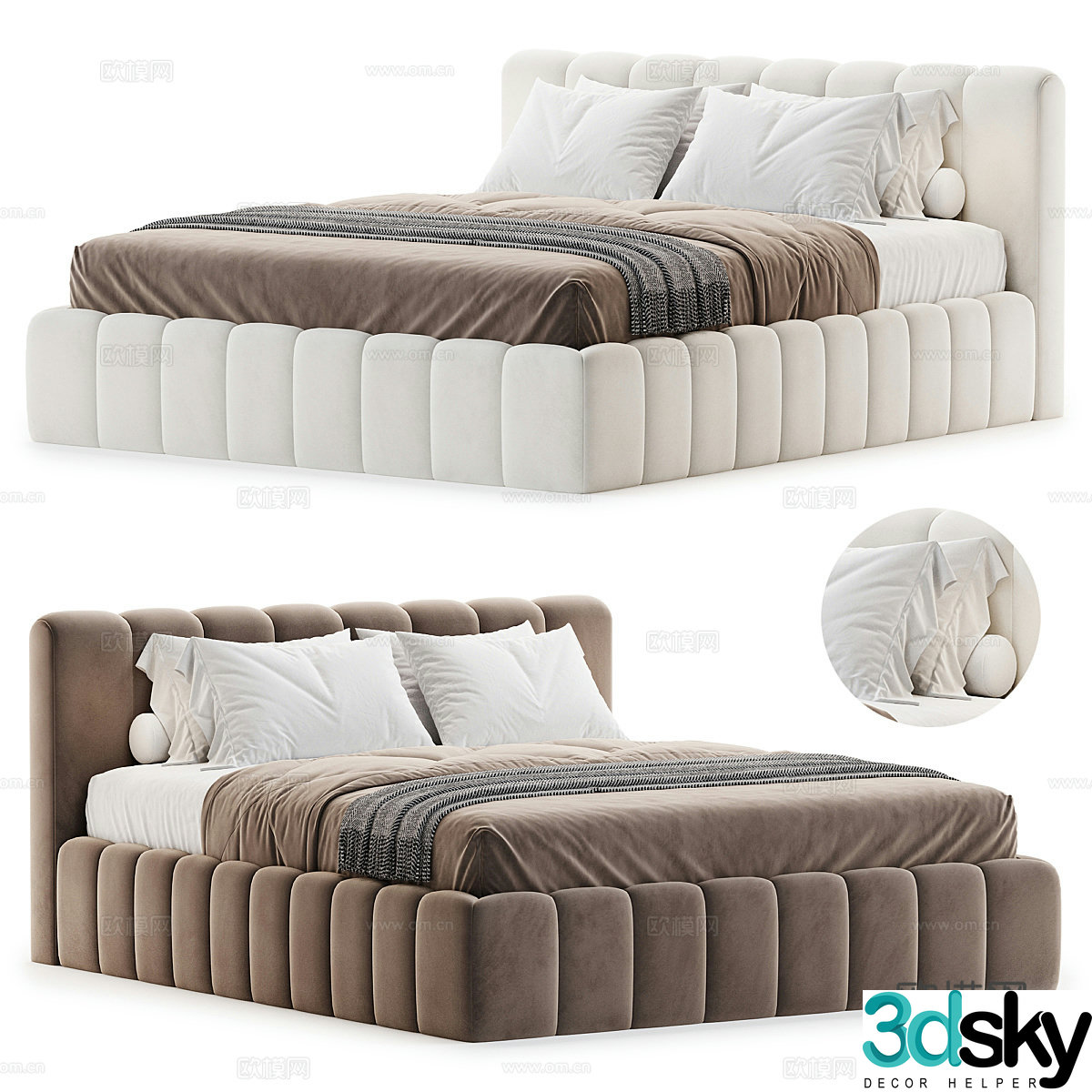 Modern Cream Style Tacoma Fabric Double Bed 3D Model