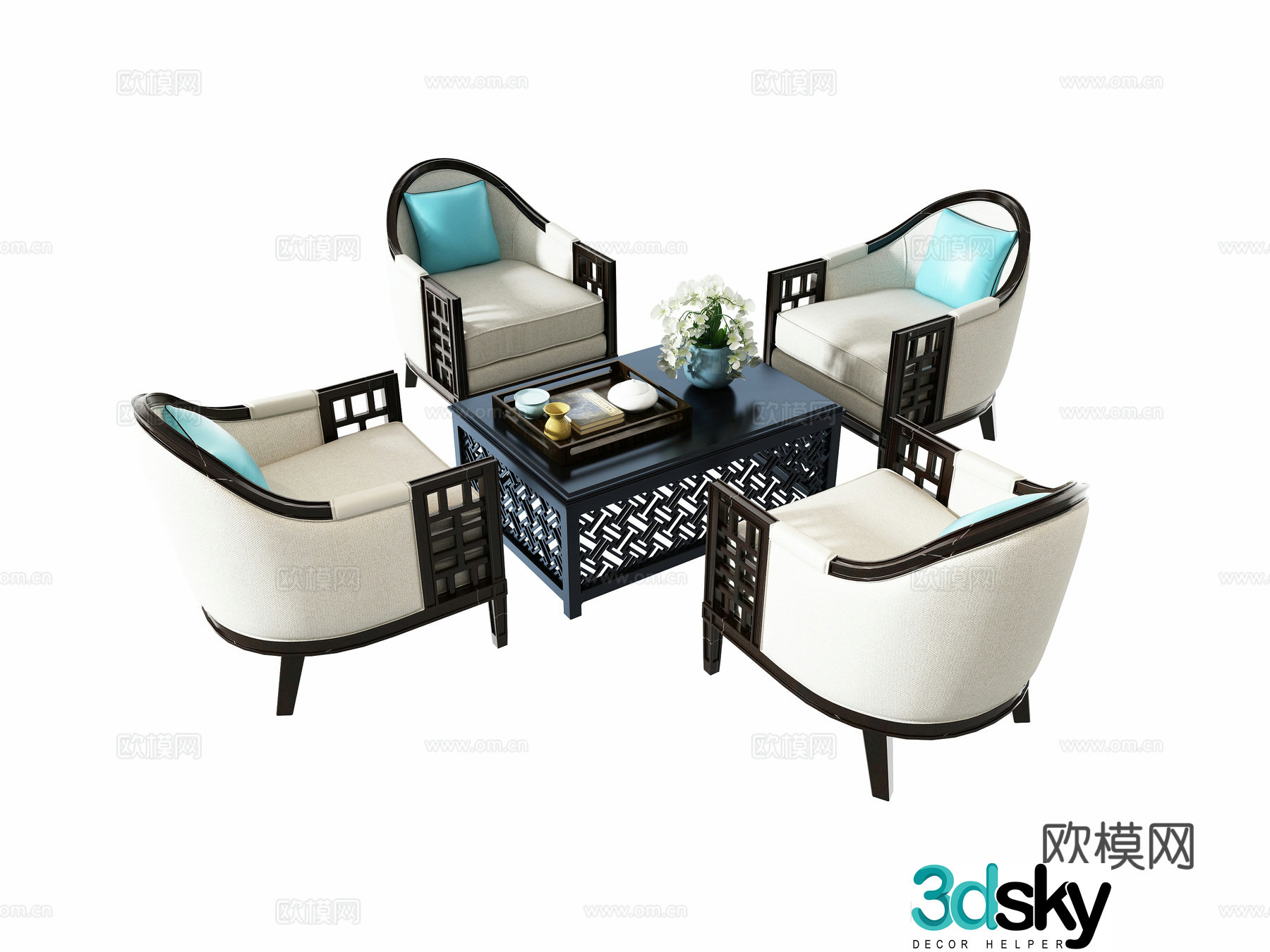 Chinese style negotiation leisure table and chair combination 3D model