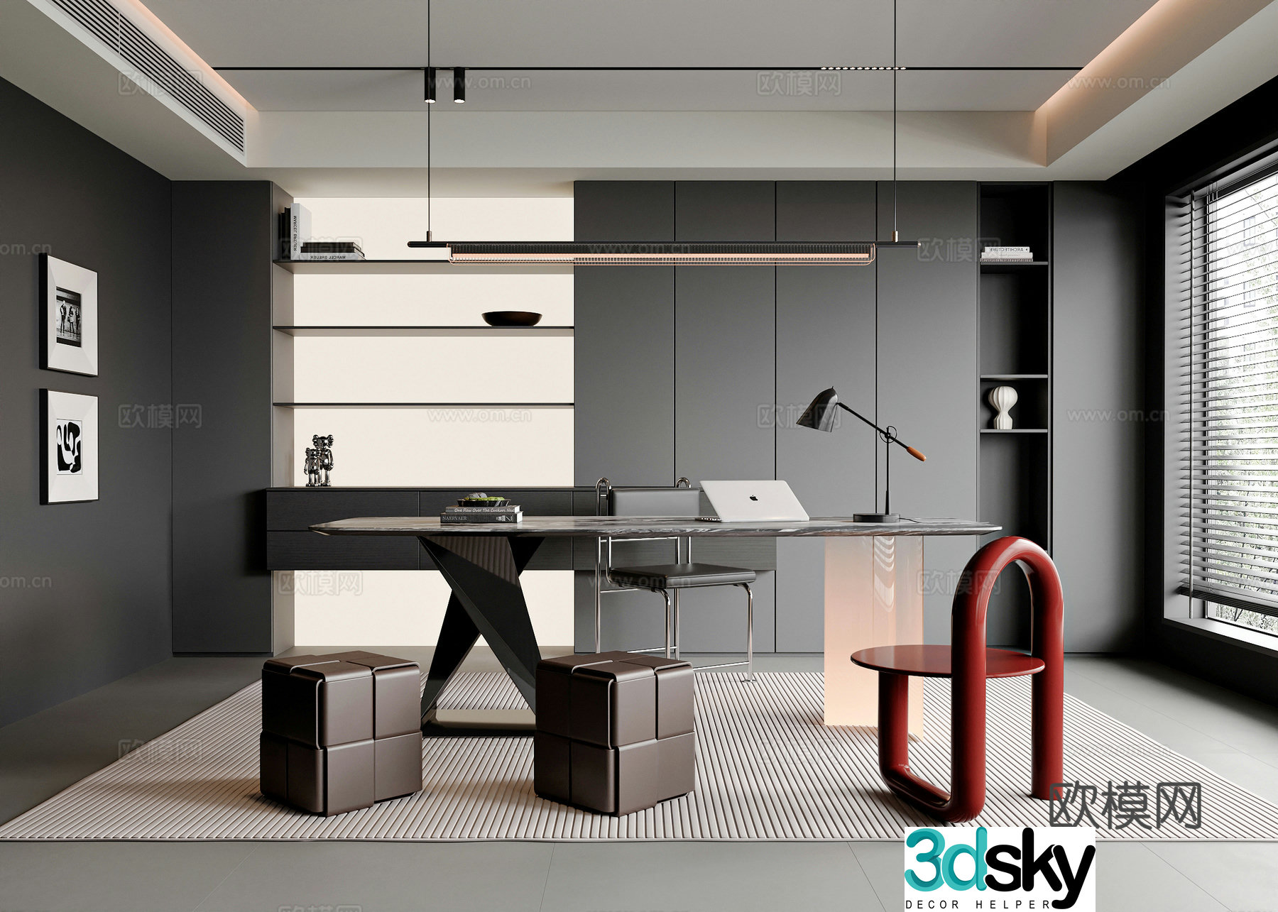 Modern Italian study desk and chair combination single chair book chair chandelier bookcase 3d model