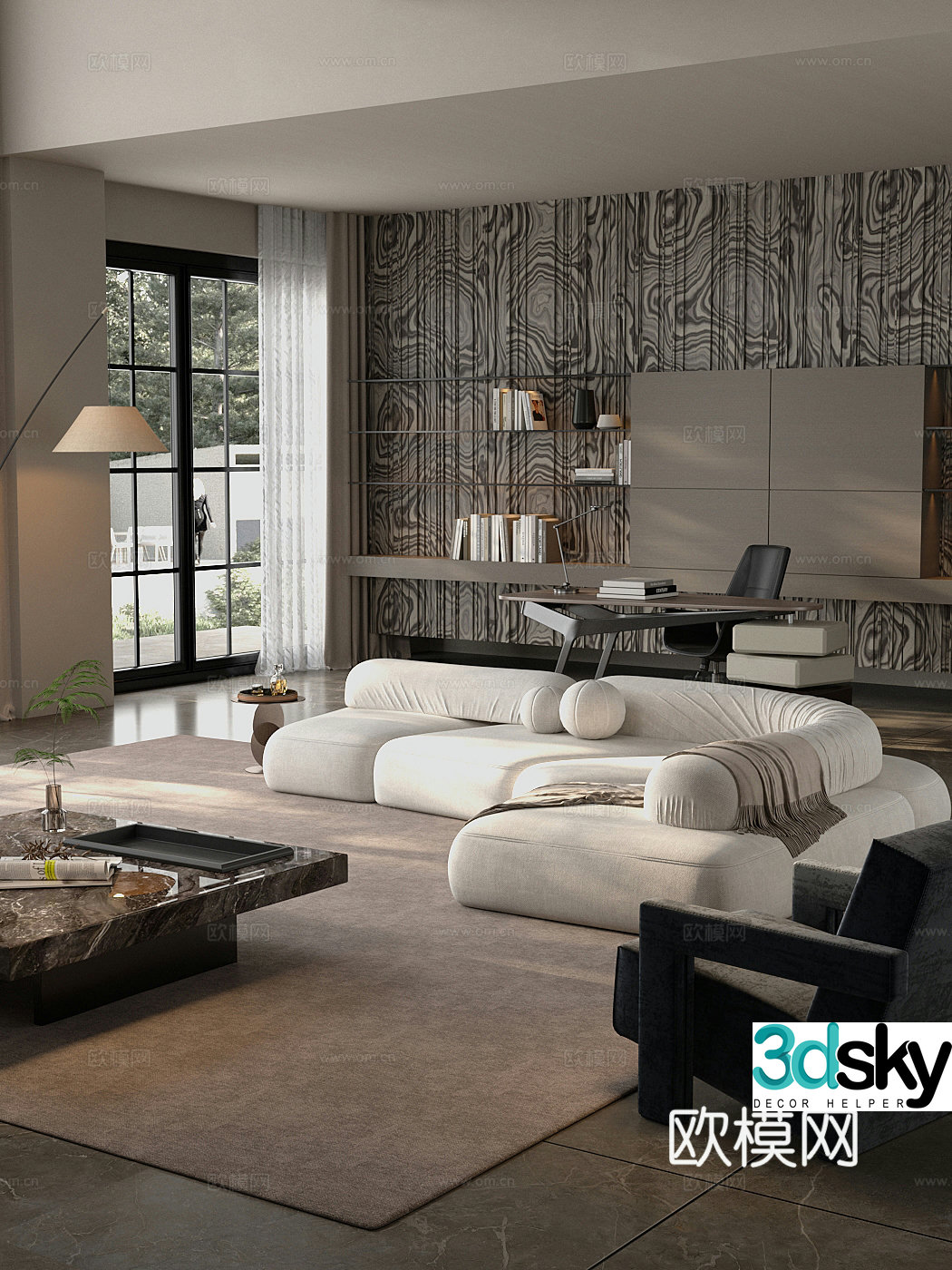 Modern home living room horizontal living room design large living room office desk chair combination 3D model