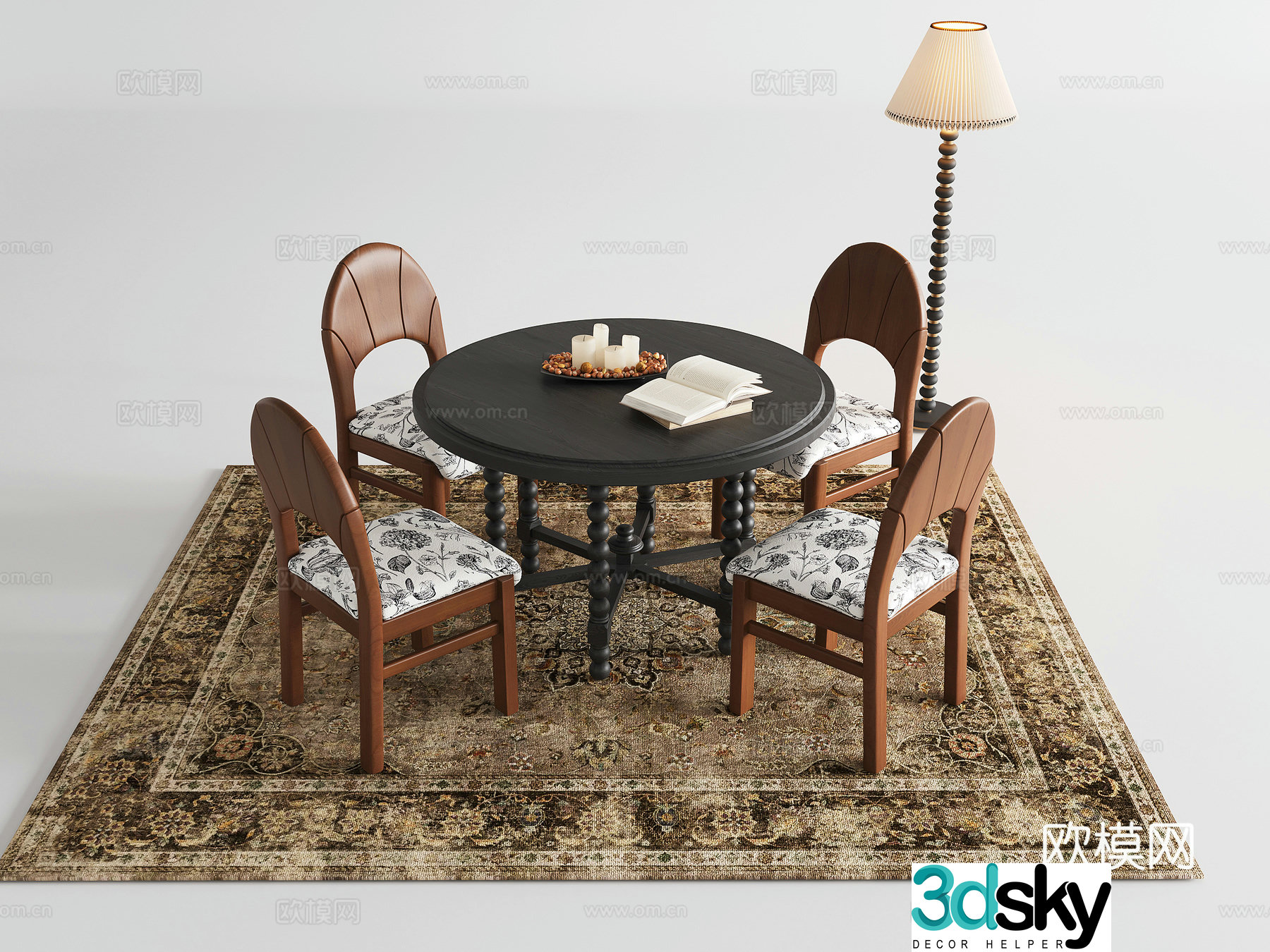 French retro dining table dining chair round dining table solid wood dining table 3d model