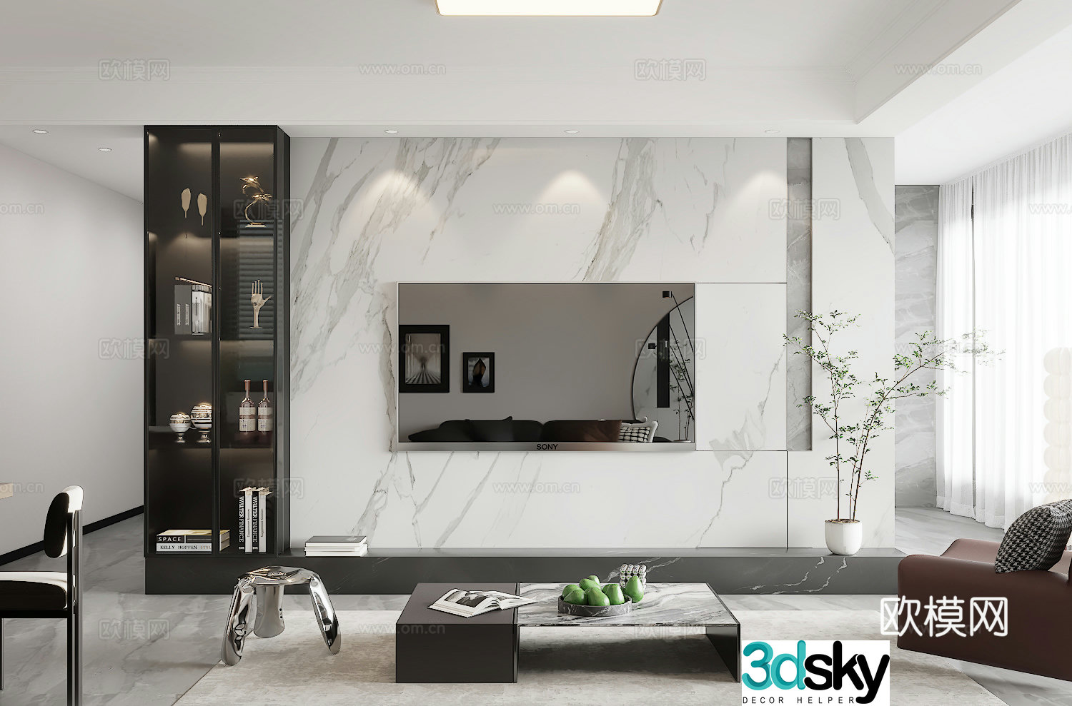 Modern black white and gray mixed living and dining room 3D model