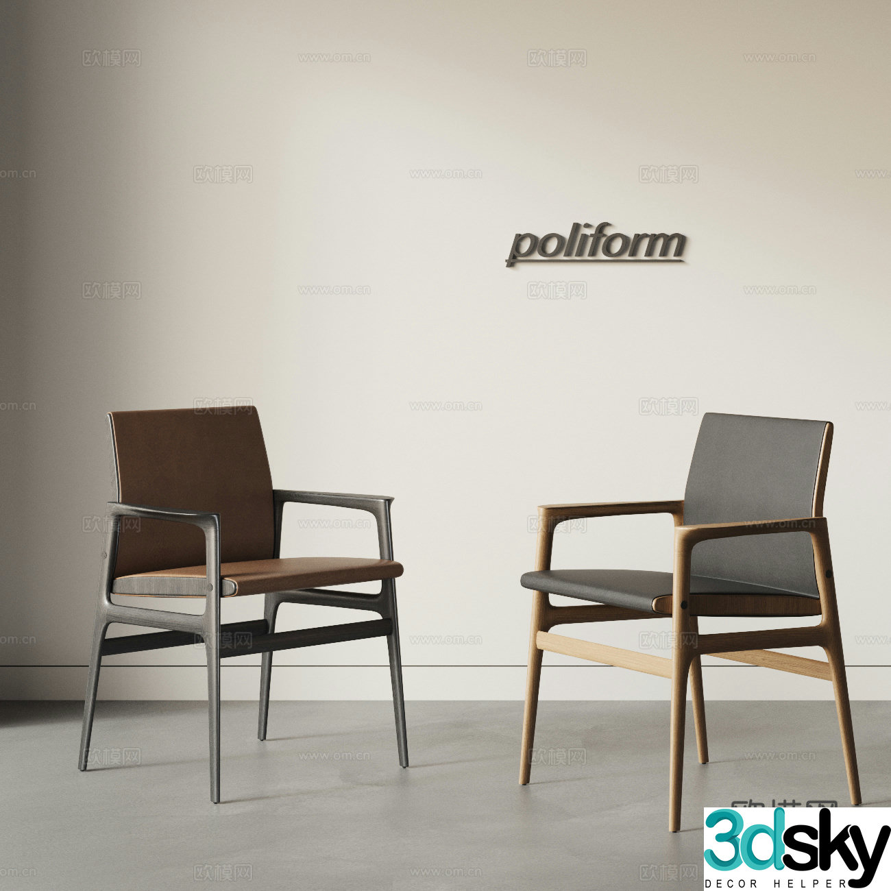 POLIFORM modern single chair combination leather single chair wooden dining chair leisure chair 3d model