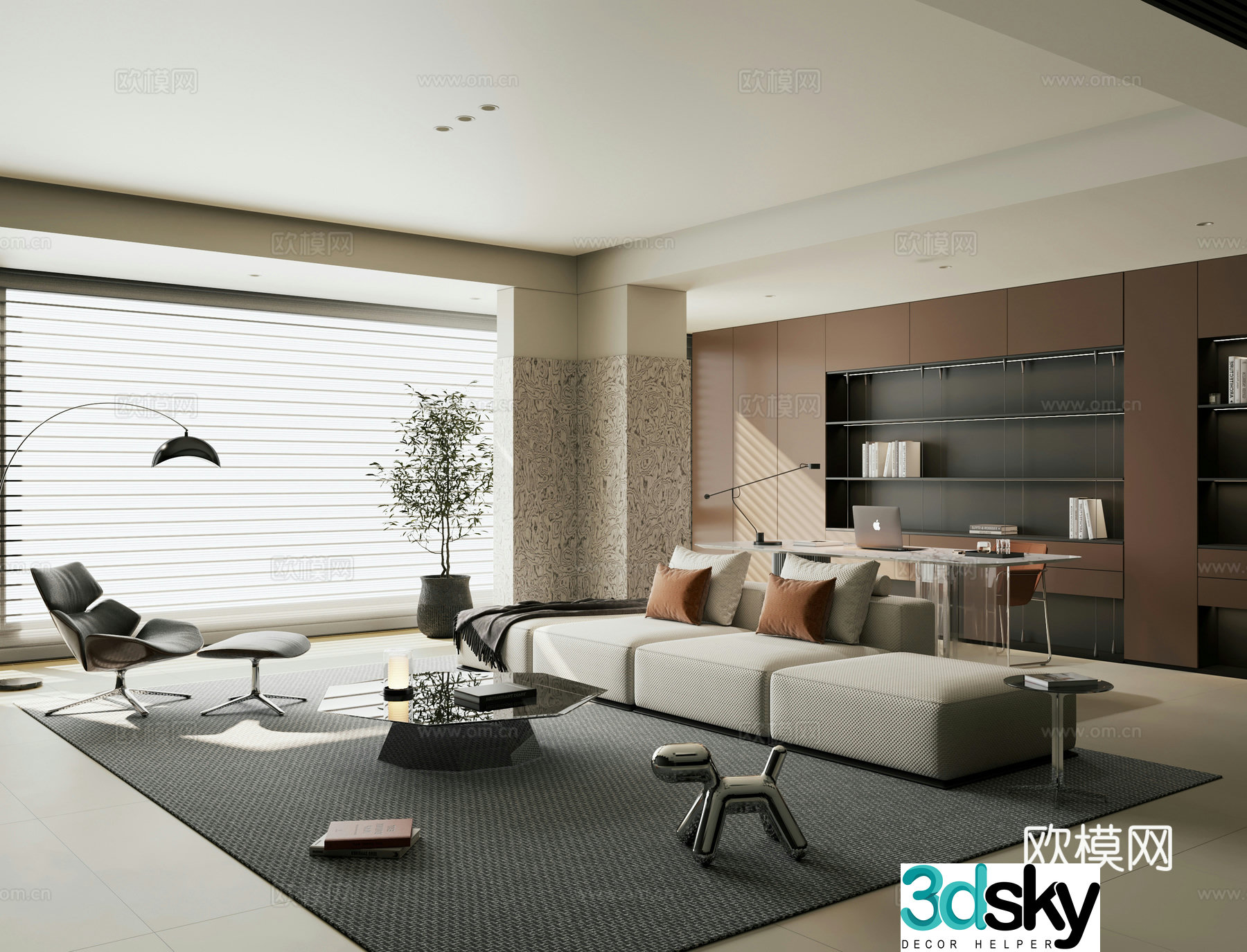 Italian modern home living room horizontal hall living room without lights large flat living room 3D model
