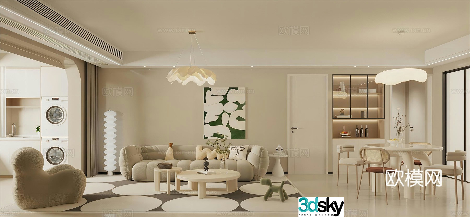 Creamy style home living and dining room sofa coffee table combination marshmallow sofa multi-person sofa leisure chair 3d model
