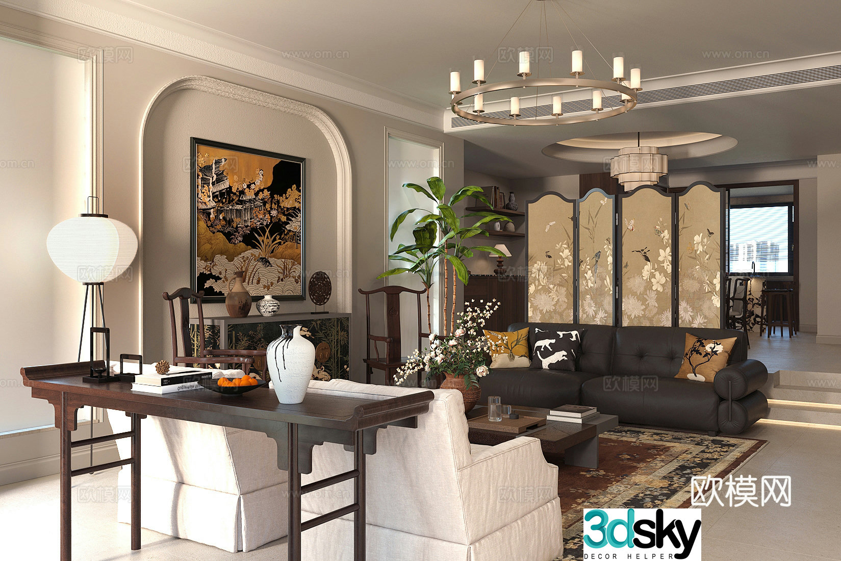 Medium style home living room sofa and coffee table combination horizontal room and living room French retro style living room 3D model