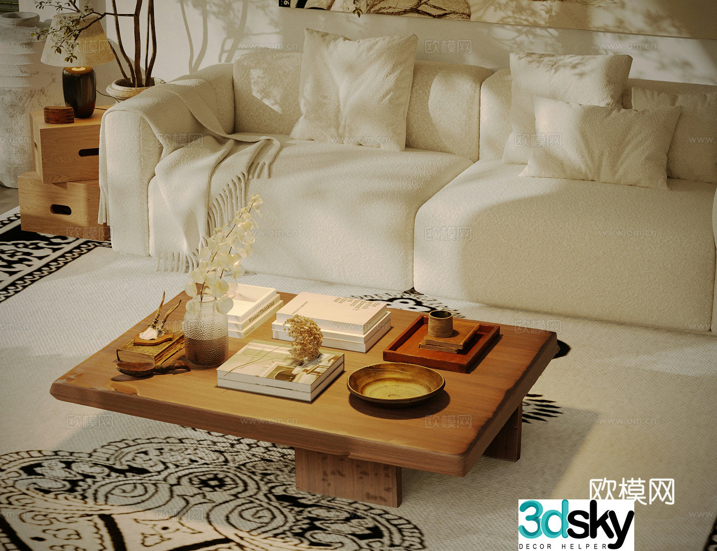Middle-aged style tea table log style tea table medieval style ornament combination multi-person sofa side table potted 3D model