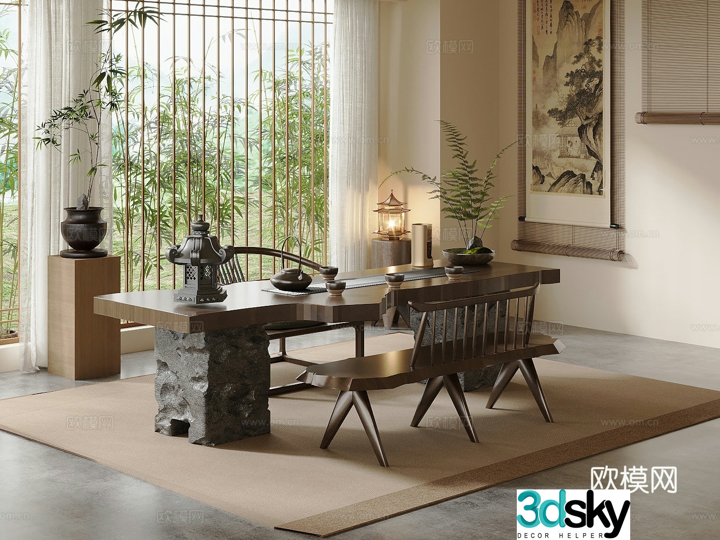 Middle-aged tea room tea tasting area club tea room balcony tea room solid wood tea table and chair tea cabinet 3D model
