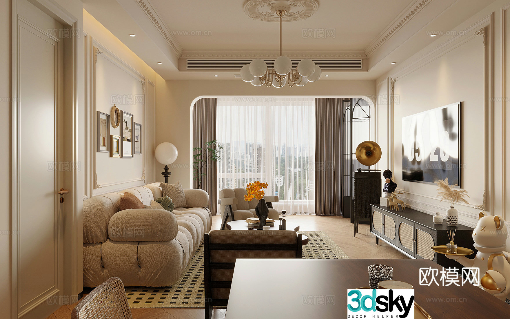 Middle style living room large flat floor living room sofa and coffee table combination middle style dining table and chair 3D model