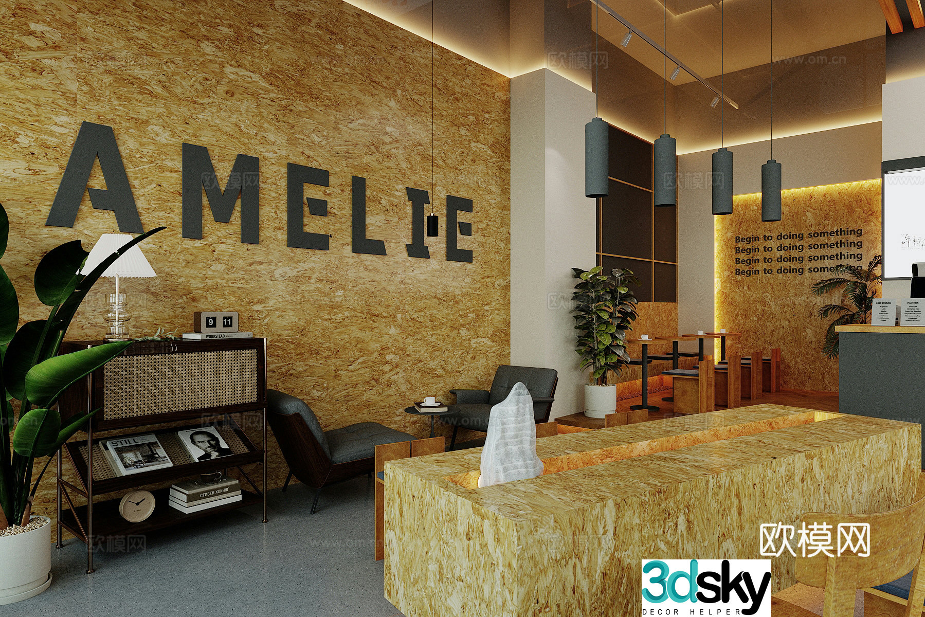 Log wood style milk tea shop cafe 3d model