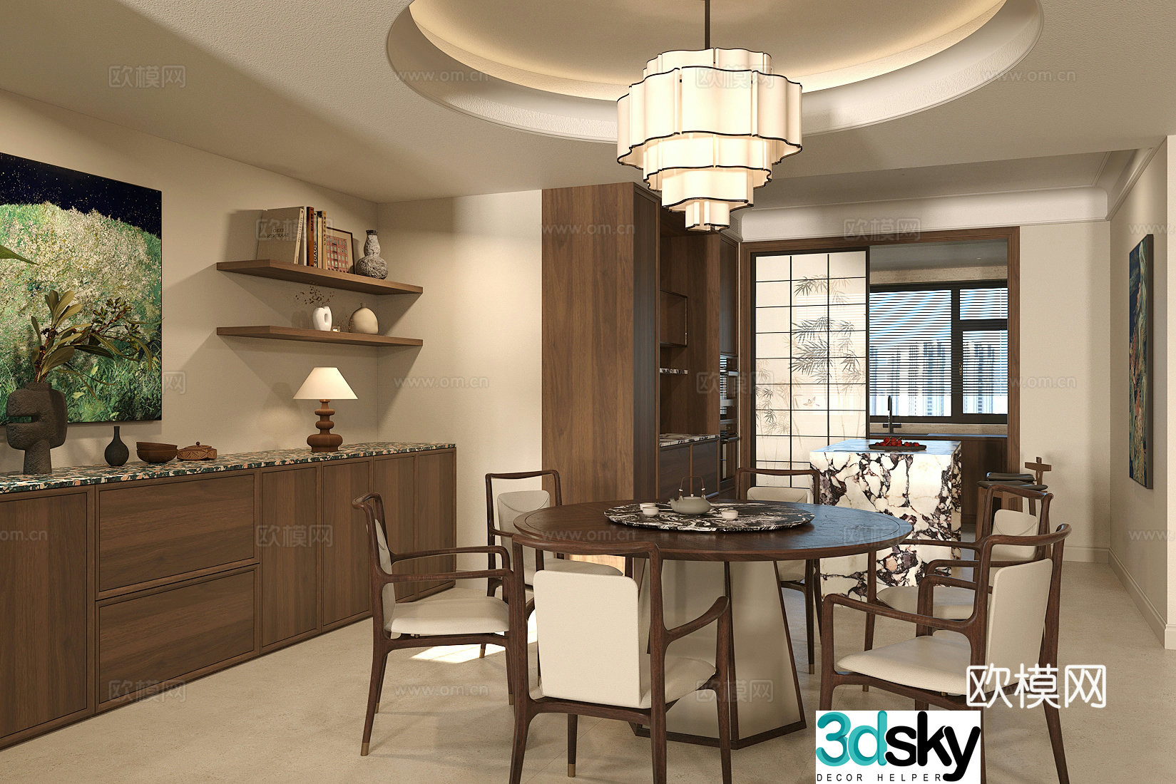 Middle-aged home restaurant dining table and chair combination water bar bar stool open restaurant kitchen 3D model