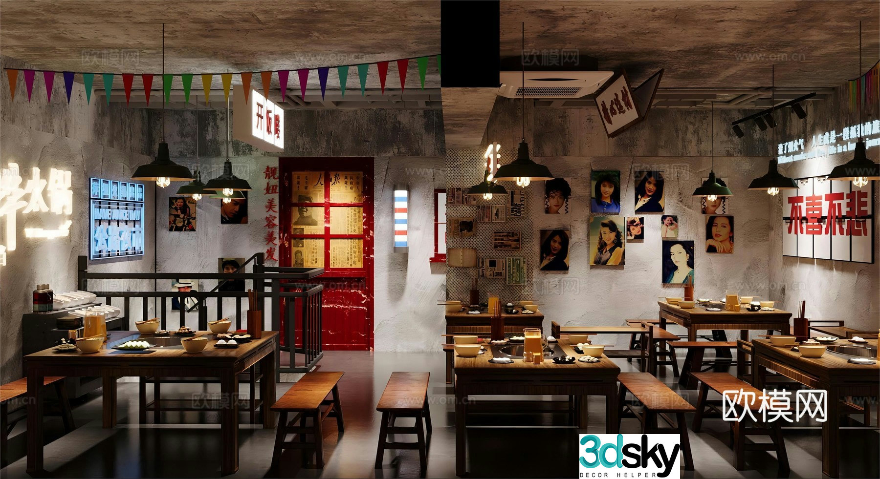 Industrial style nostalgic barbecue restaurant barbecue restaurant hot pot restaurant skewers restaurant Chinese restaurant hot pot tables and chairs 3D model