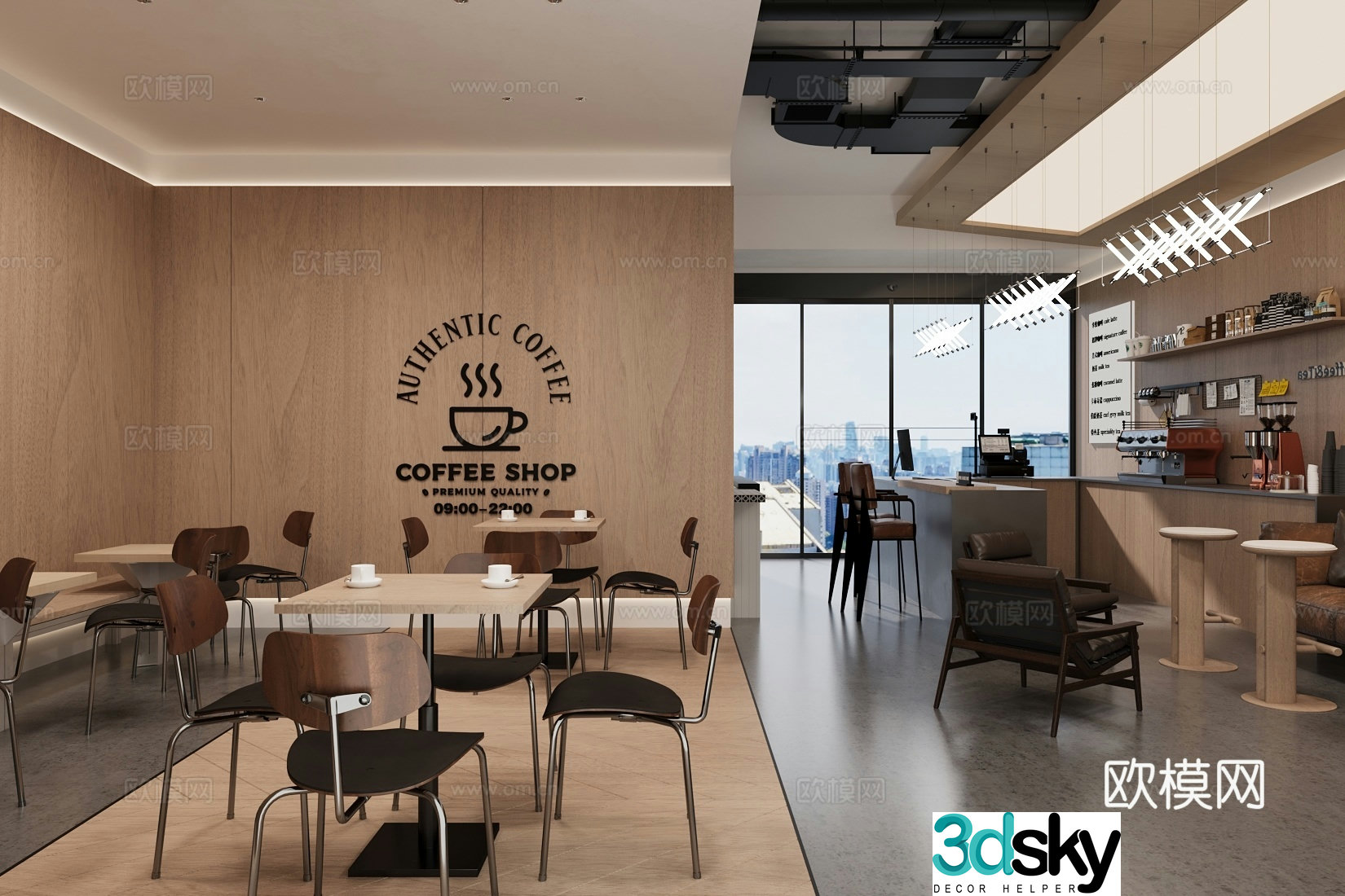 Log wood style milk tea shop cafe 3d model