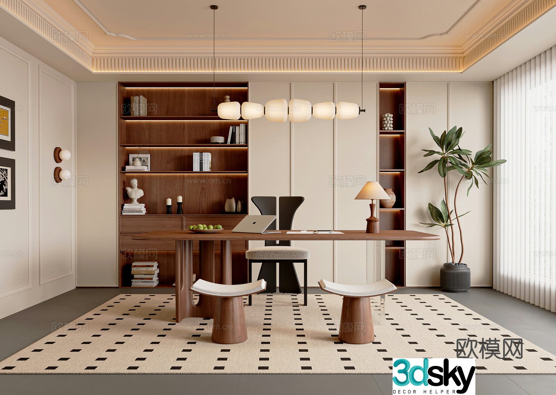 French medieval style study room medieval style desk and chair combination chandelier floor lamp medieval style bookcase 3D model