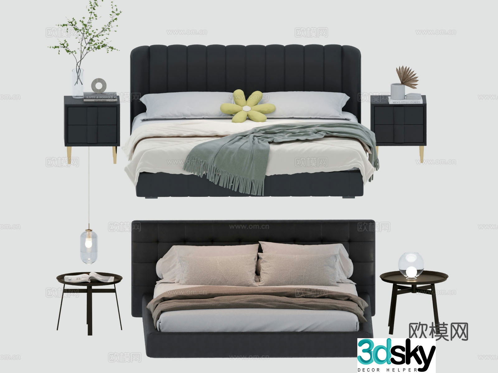 Modern double bed with headrest leather bed 3D model