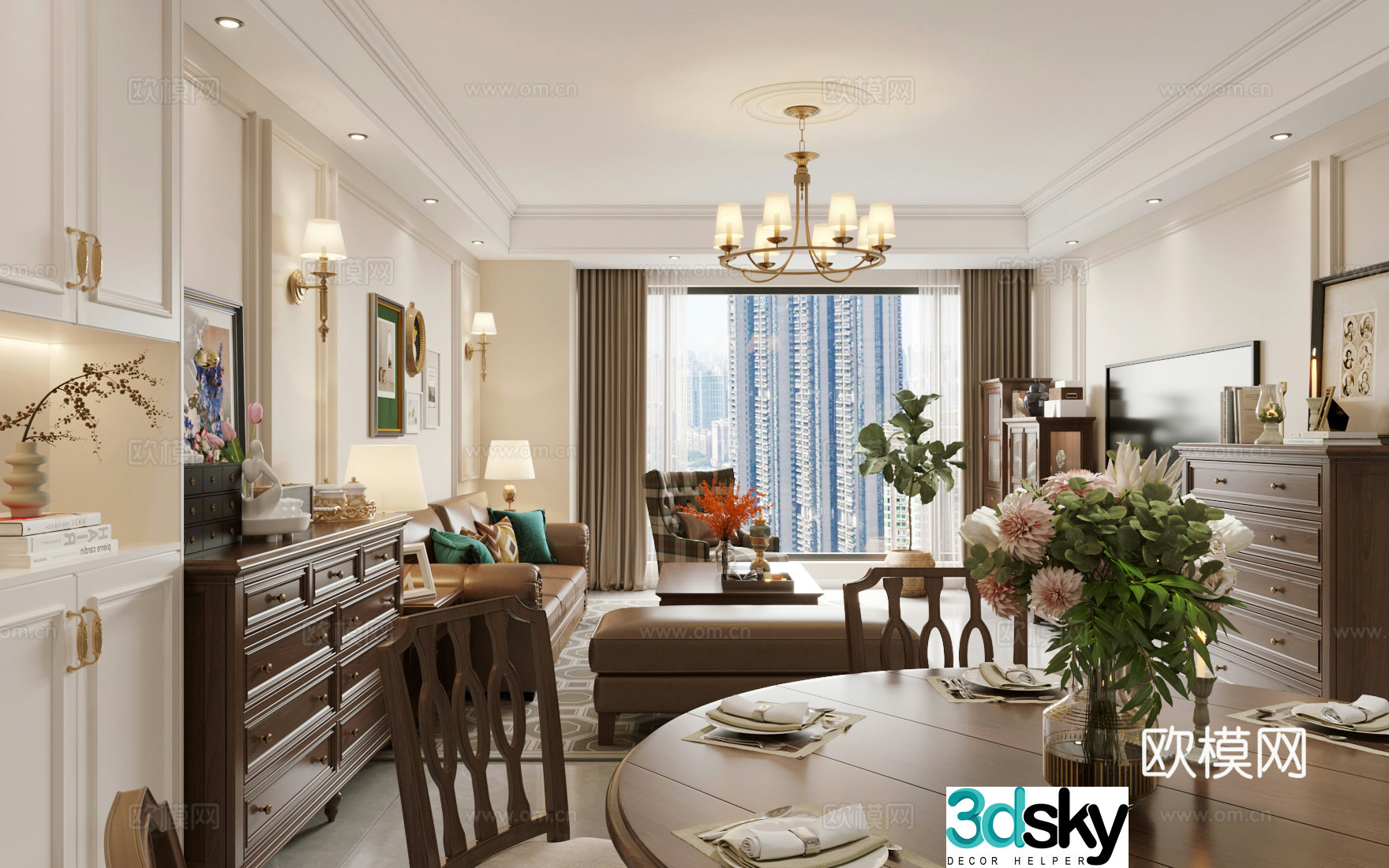 American home living room American retro style living room American sofa coffee table combination American furniture 3D model