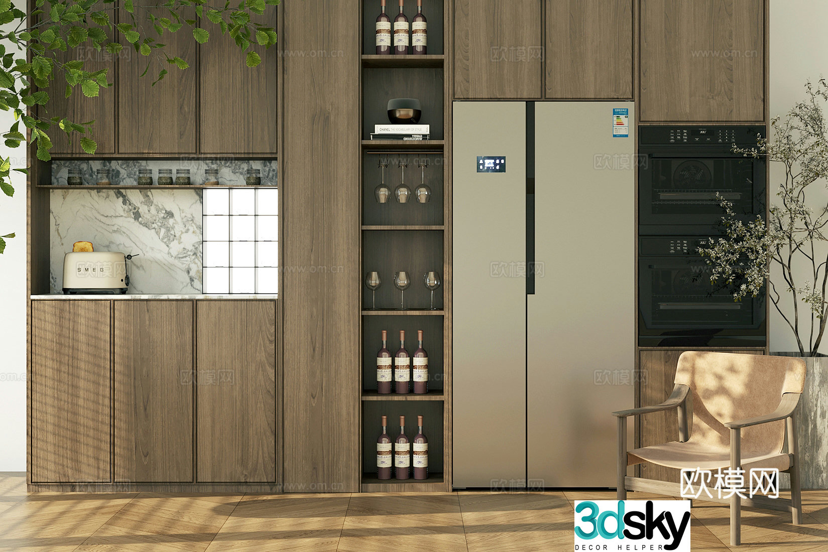 Log-style sideboard decorative cabinet oven sideboard finished sideboard glass wine cabinet refrigerator 3D model