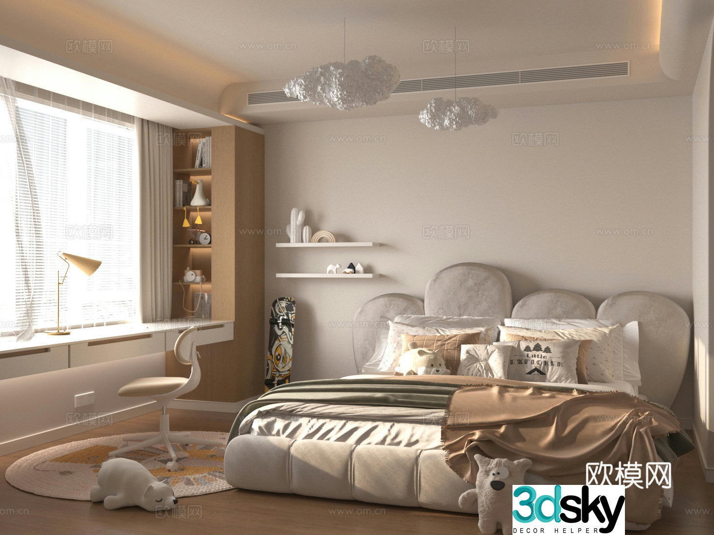 Modern universal children’s room Children’s room Children’s bedroom Study table and chair Storage rack Children’s bed 3D model