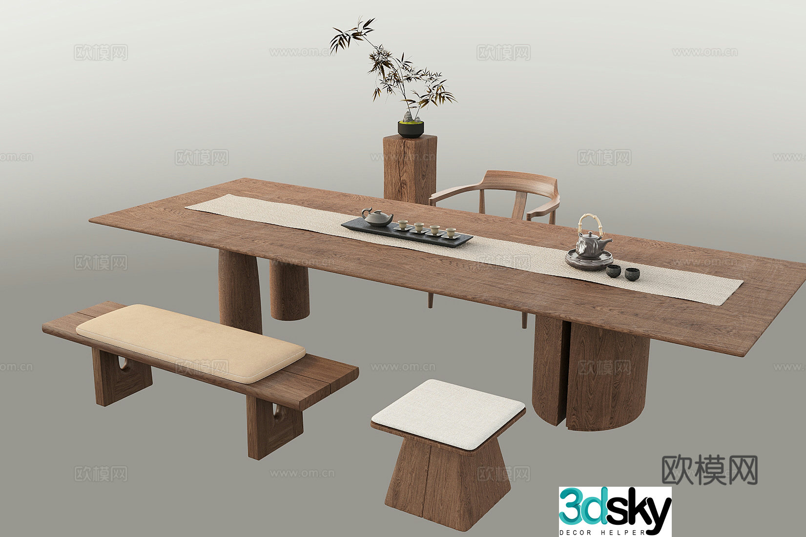 New Chinese tea table and chair New Chinese tea table and chair combination Tea set Potted ornaments 3D model