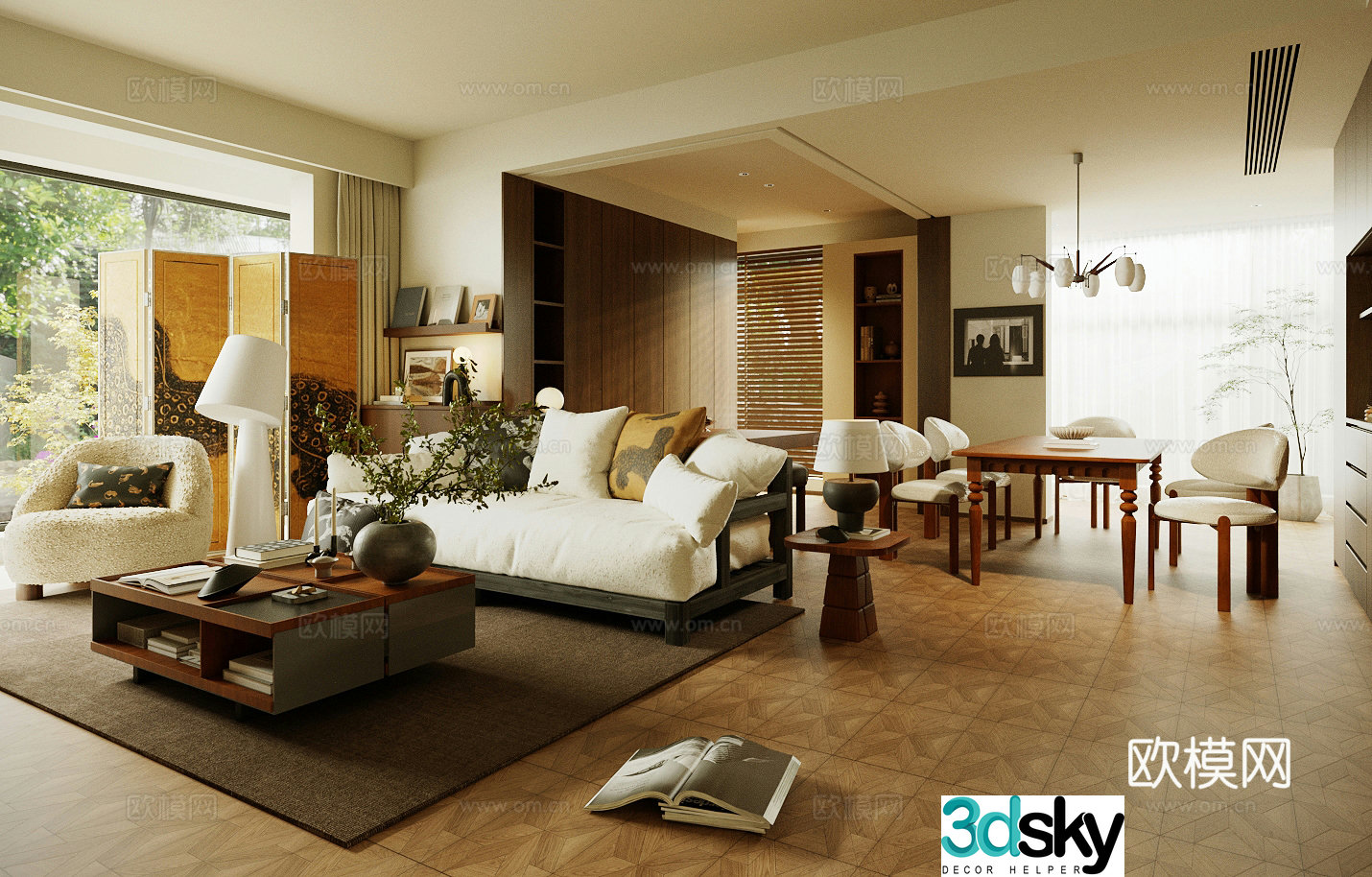 Middle style living room large flat floor horizontal hall 3D model