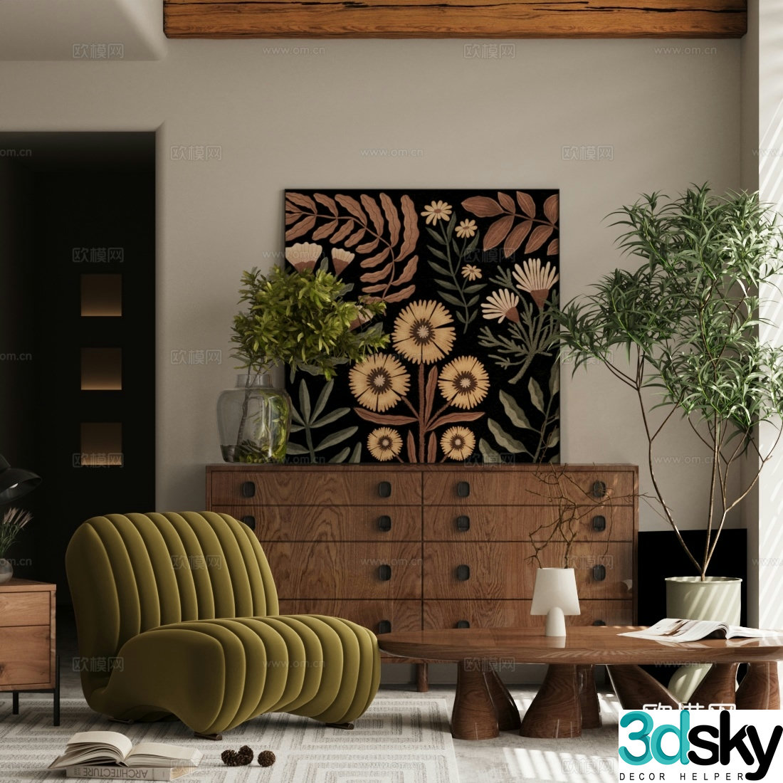 Medium style chest cabinet medium style leisure chair potted plant solid wood coffee table medium style entrance cabinet chest cabinet 3d model