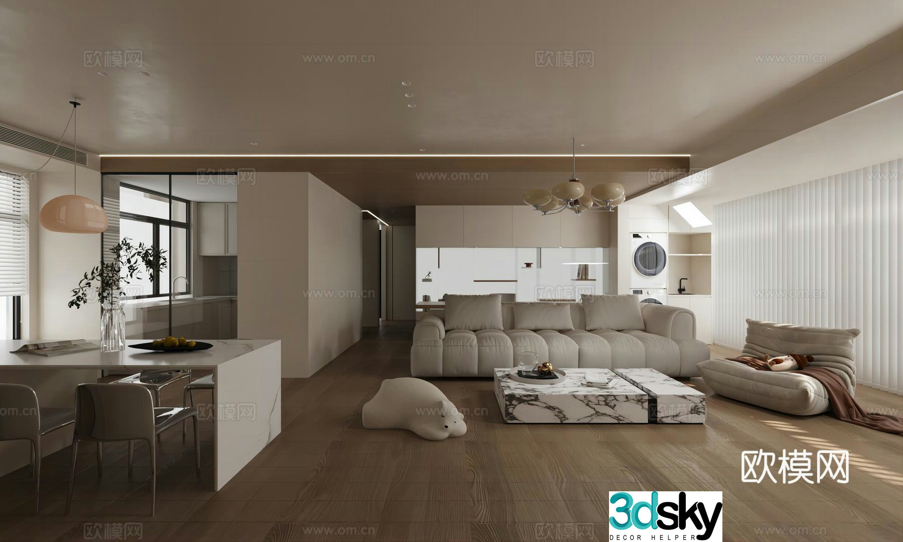 Modern cream home living room Home living room Sofa coffee table combination Single casual sofa Dining table 3D model