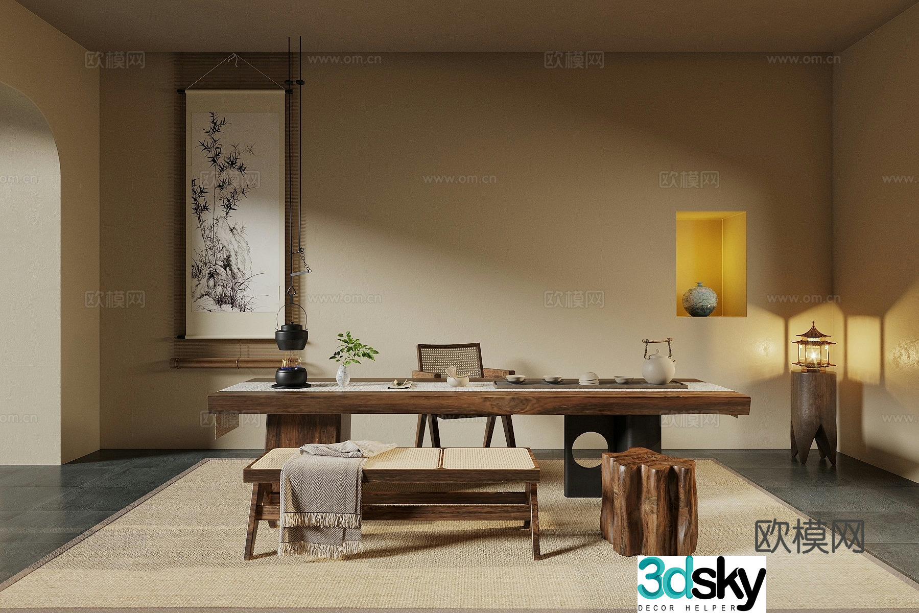 Middle-aged tea room tea tasting area Japanese tea room tatami tea room tatami tea table and chair tea leaves 3D model
