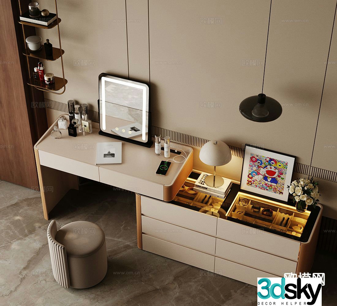 Light luxury dressing table makeup stool jewelry cabinet 3D model