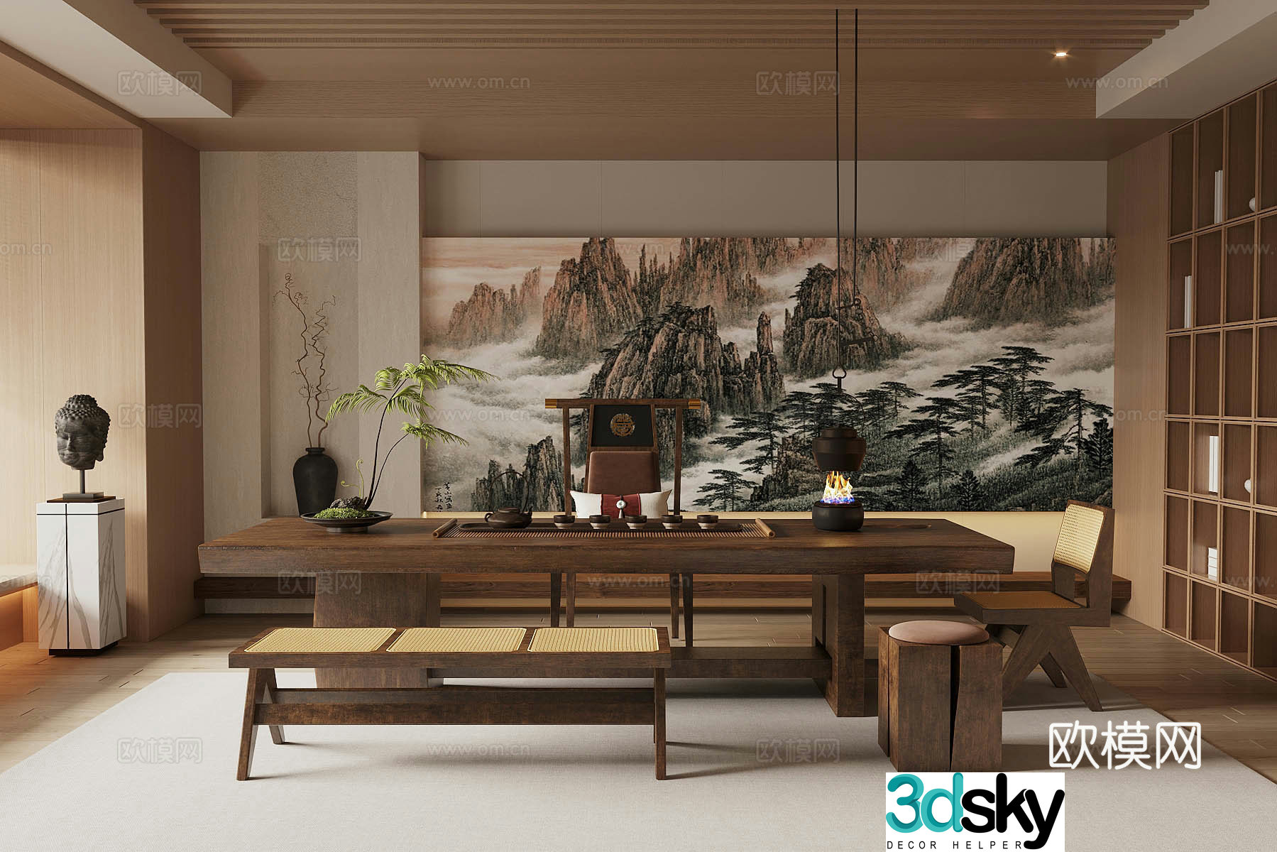 Middle-aged tea room tea tasting area Japanese tea room tatami tea room tatami tea table and chair tea leaves 3D model