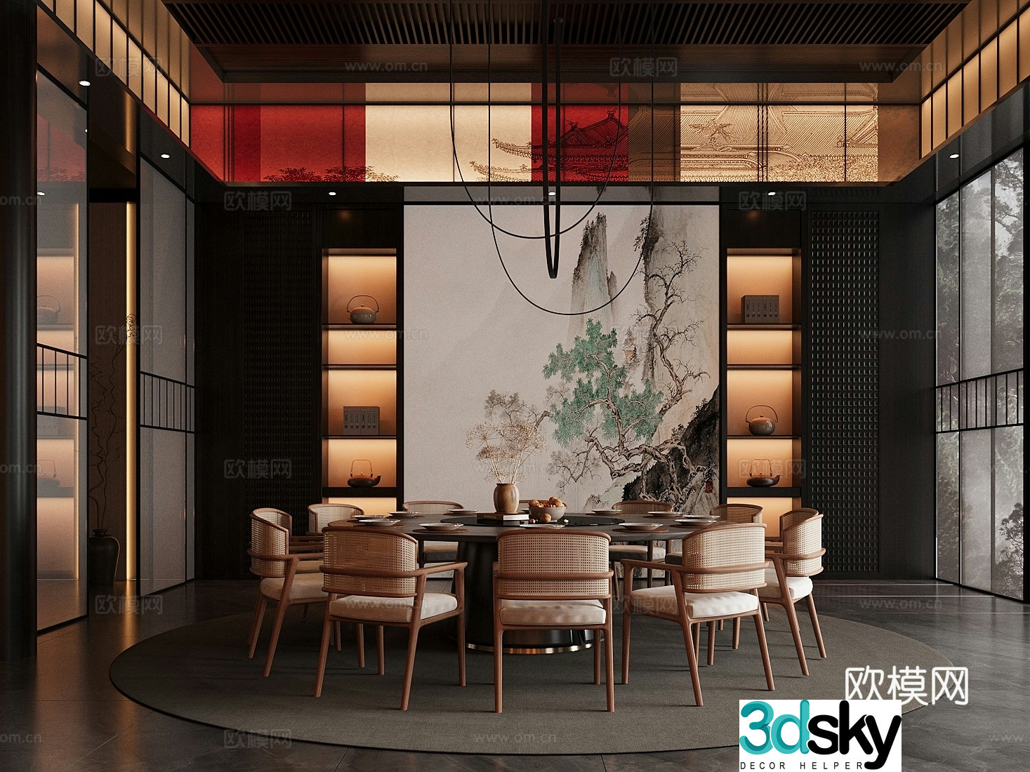 New Chinese restaurant box dining table and chair combination decorative cabinet tableware 3D model