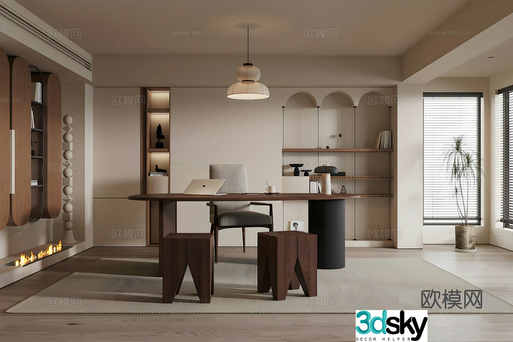 Middle-aged study room Middle-aged desk and chair cabinet wall cabinet bookcase desk ornament combination 3D model